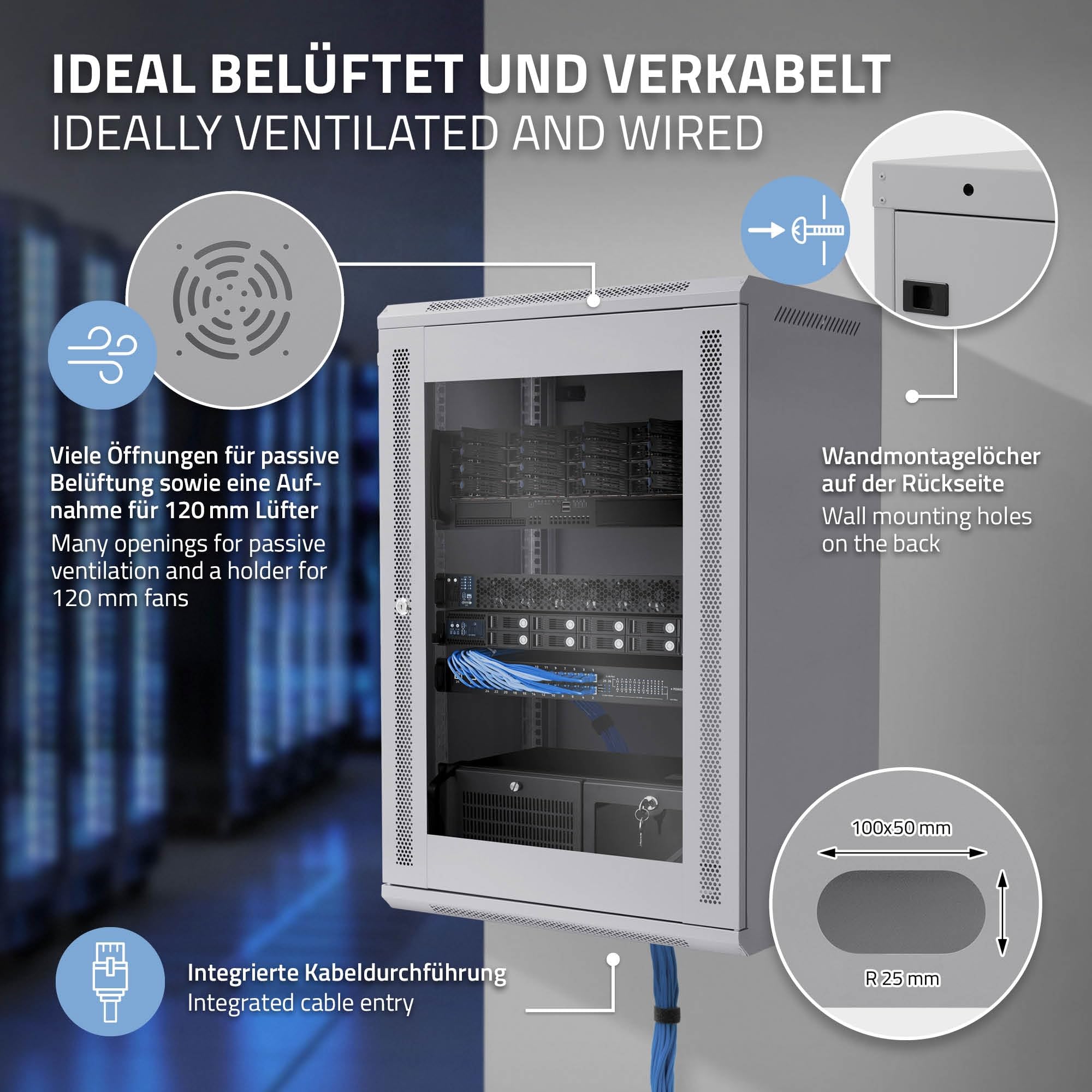 ECD Germany Armadio Rete 18U Armadio per Server 19 Pollici Grigio 450mm Profondità Montaggio a Parete Porta Vetro Sicura Fino a 60 kg Ripiano Incluso Grado di Protezione IP20 Rack 600 x 900 x 450 mm