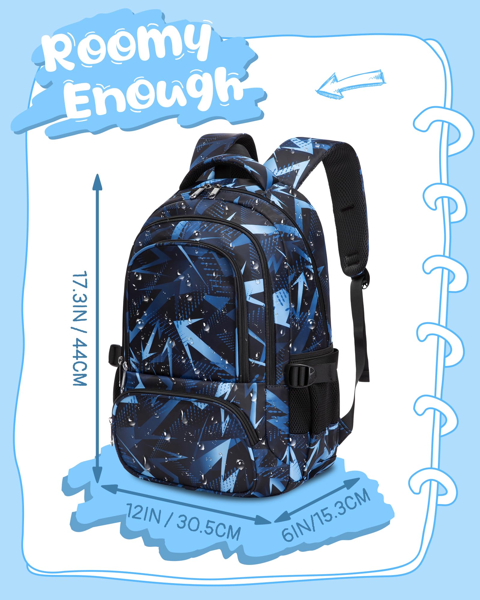 BLUEFAIRY Kids School Backpack for Boys Girls Ages 6-8 8-10 10-12 Elementary Middle School Book Bags with Laptop Compartment Mochilas Escolares para Niños Niñas de 8 10 12 Años (Blue, Geometric)