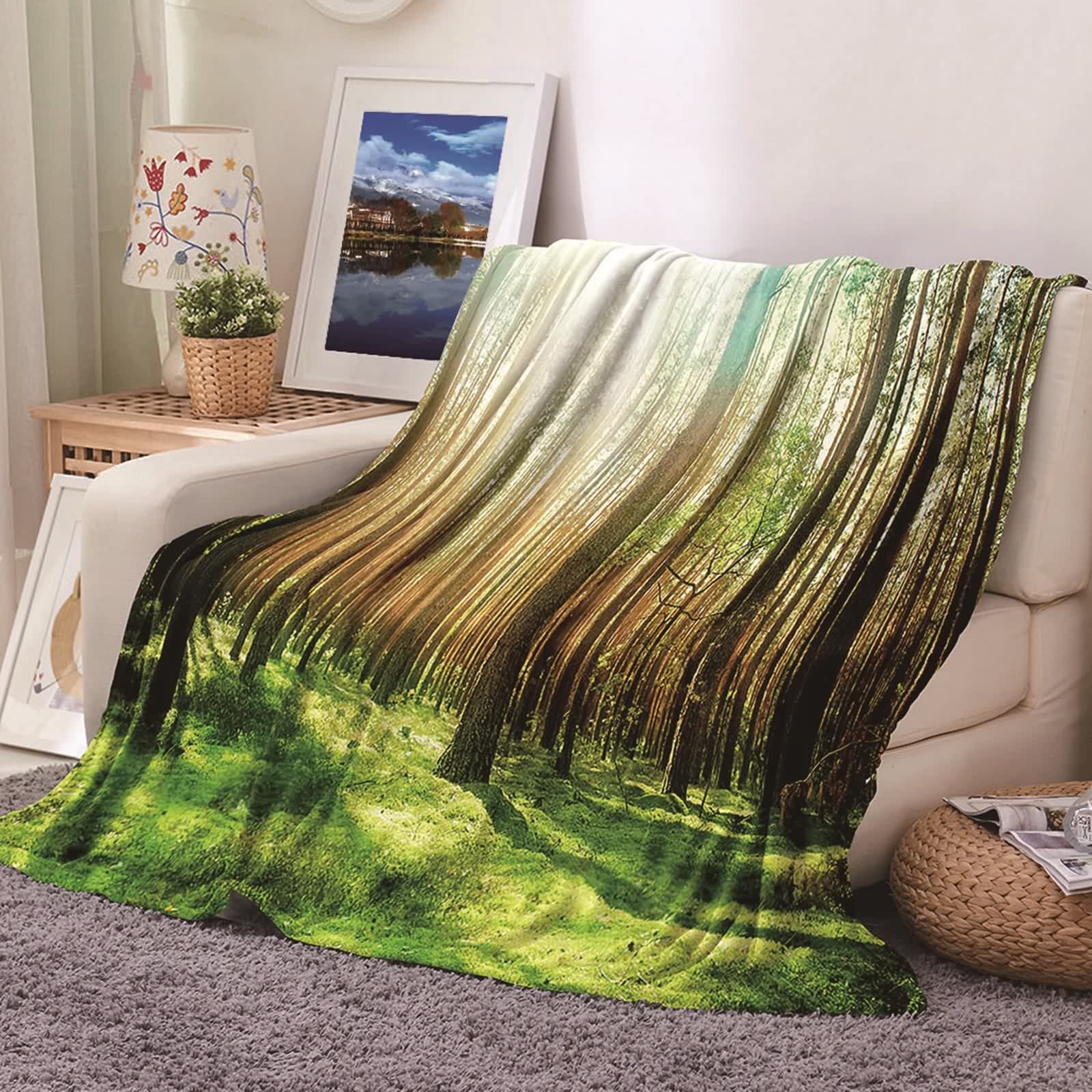 Plaid chaud et doux en polaire imprimé arbres brun vert