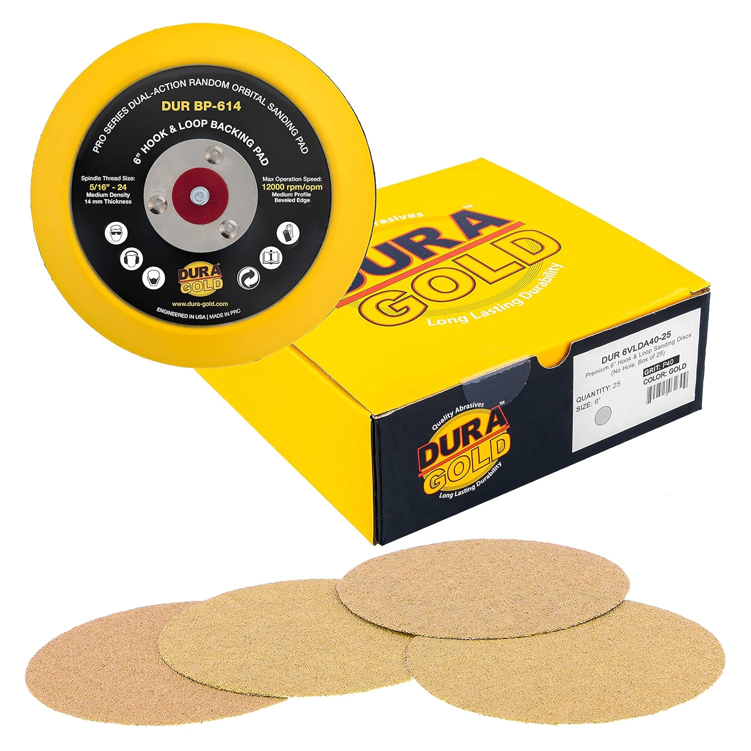 Dura-Gold 6" Gold Sanding Discs - 40 Grit & 6" Hook & Loop DA Backing Plate