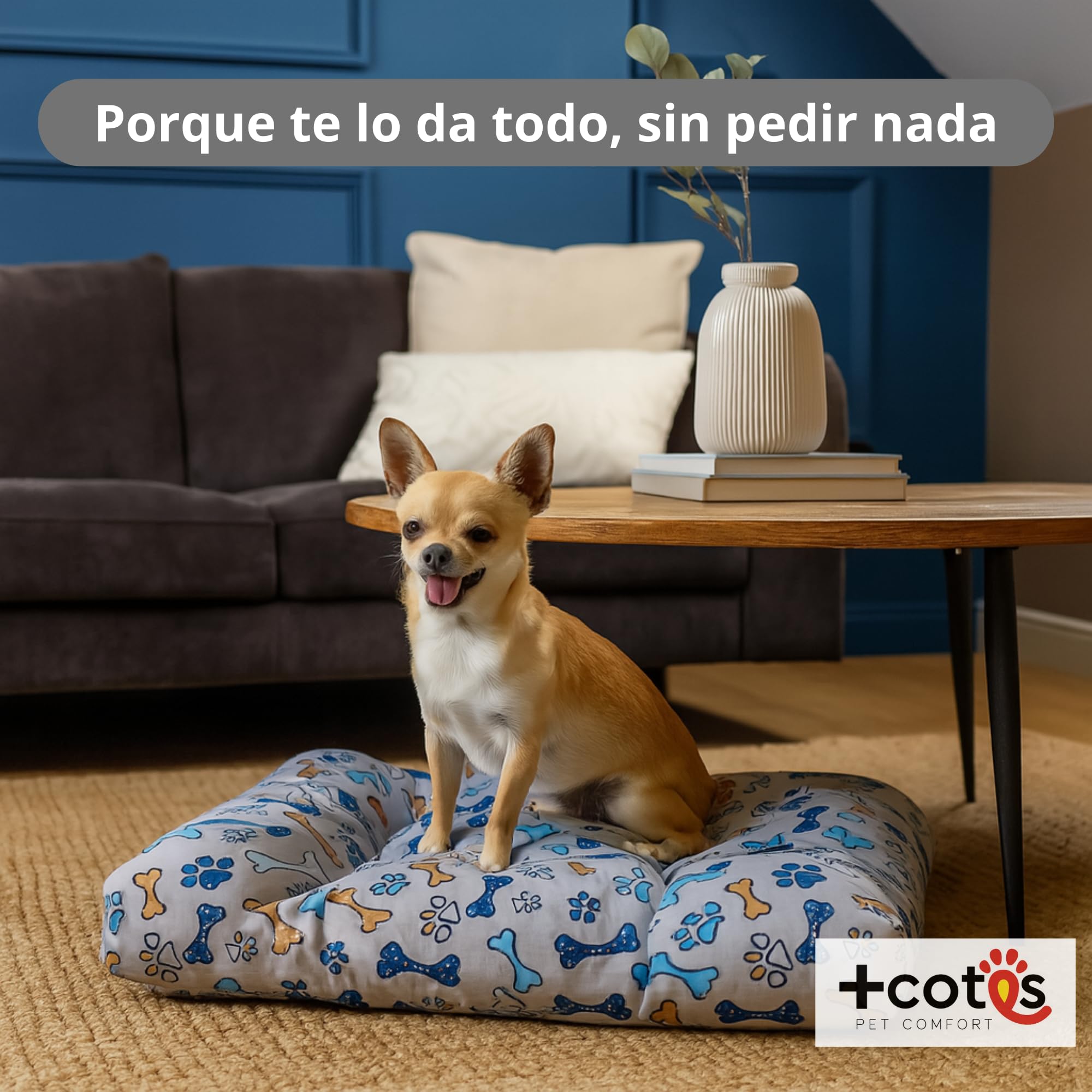 Cama Perro pequeño - Colchón Fibra Suave y Transpirable - Tejido loneta Resistente antipelos - Base Antideslizante - Lavable y Ligera - Hecho en España 50X70X8 Huesos +Cotes