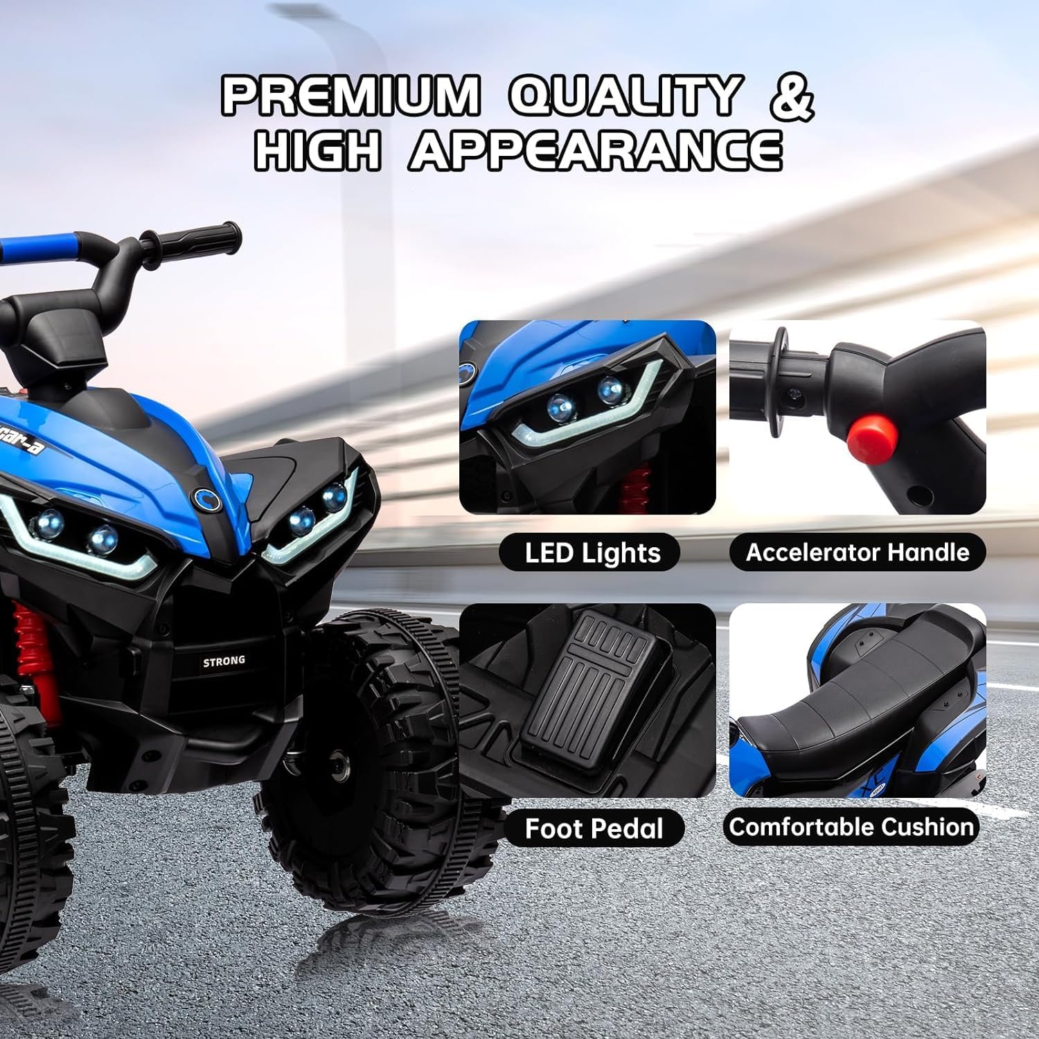 12V Kids Ride On ATV, Electric Battery-Powered Four-Wheeler with Music, Led Lights, Soft Start, USB Port, Treaded Tires, and Adjustable Speed Modes – Ideal for Boys and Girls,Blue