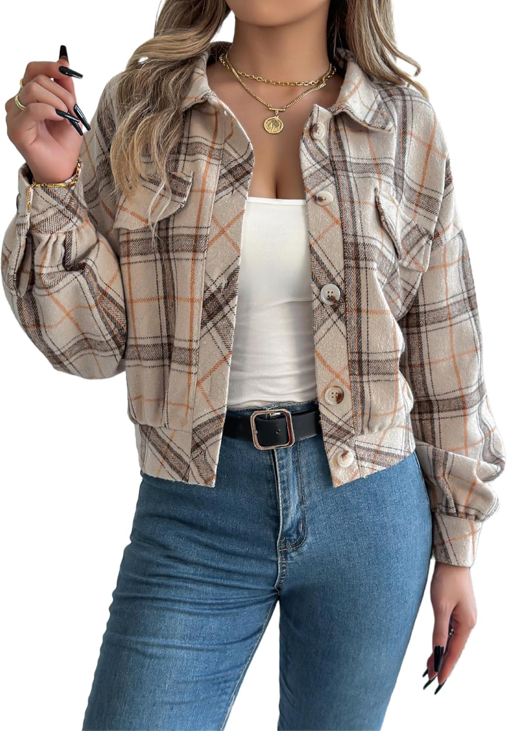 Womens Flannels Fall Cropped Shacket Jacket Fashion Plaid Button Down Shirt Winter Coat Tops