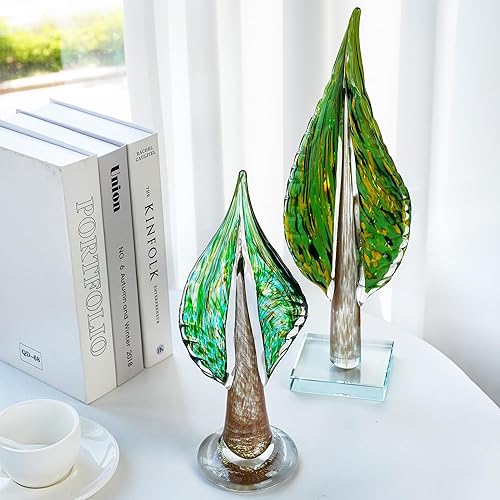Miniatura 8 de QFkris Escultura de hoja de árbol de la vida de vidrio soplado para decoración del hogar, estatua decorativa de vidrio soplado a mano de 16 pulgadas