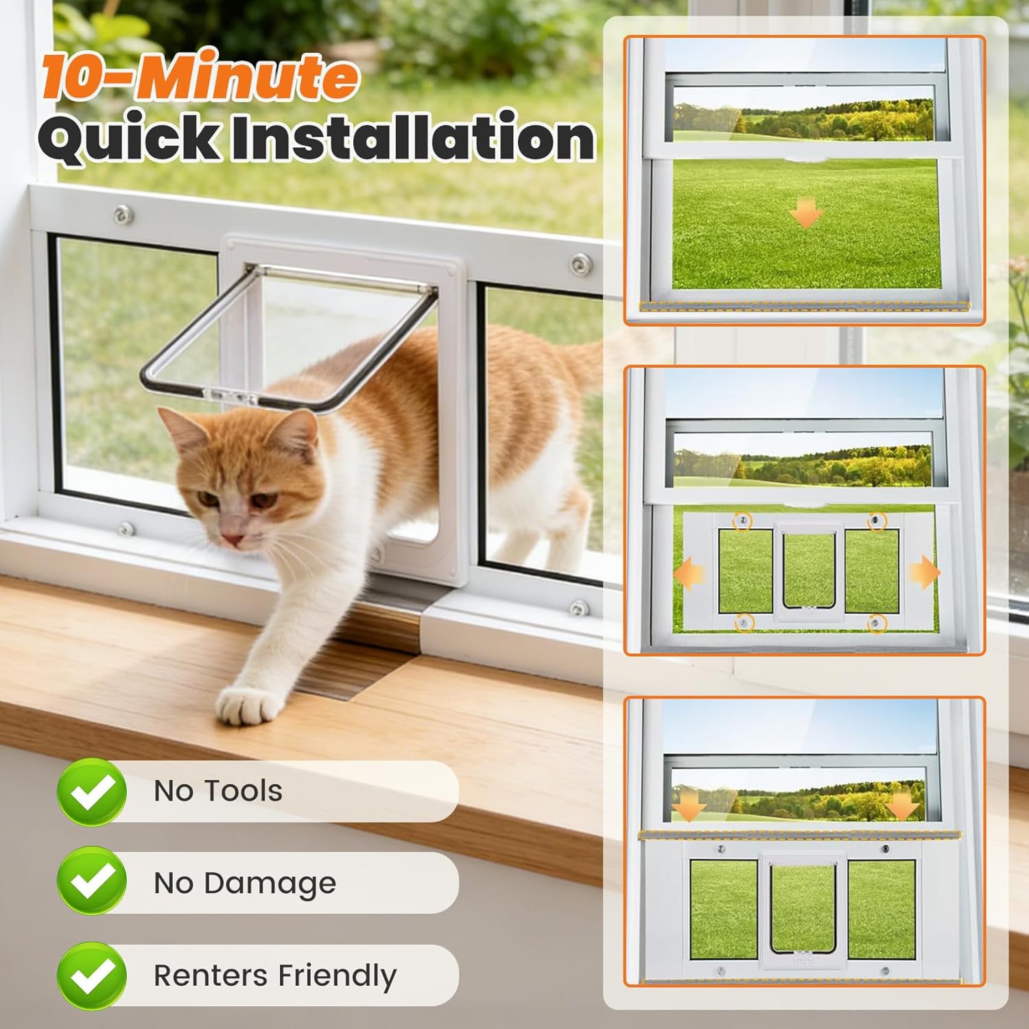 Full Size Cat Door Window Insert，Adjustable Width of 27"-32", 4 Locking Modes, Magnetic Closure, 10-Min Quick Install, HD Transparent Flap,Weatherproof Window Pet Door for Cats & Small Dogs