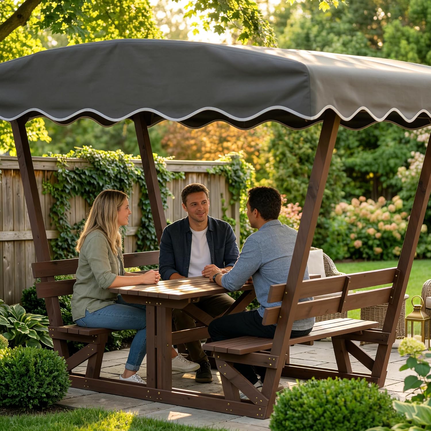 Wooden Gazebo for Patio Garden, Outdoor Canopy with Waterproof Oxford Top, Bench with Backrest, Breathable Tabletop and Rust-Resistant Frame for Park Deck Beach
