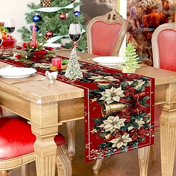 Christmas Table Runner 33 x 183 cm, Red Christmas Table Runner, Xmas Bells Poinsettia Flowers Table Decoration for Xmas Holiday Seasonal Home Party Decor
