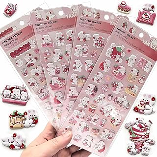 立体 かわいいシール 可愛いミニバブルステッカー 4枚セット 動物ステッカー ご褒美 デコシール 女の子 男の子 子供向けシール帳 飾り用 手帳・水筒・アルバム・スマホケース・ノートデコ用 取り外し可能 (ピンクのイチゴウサギ-4枚セット)