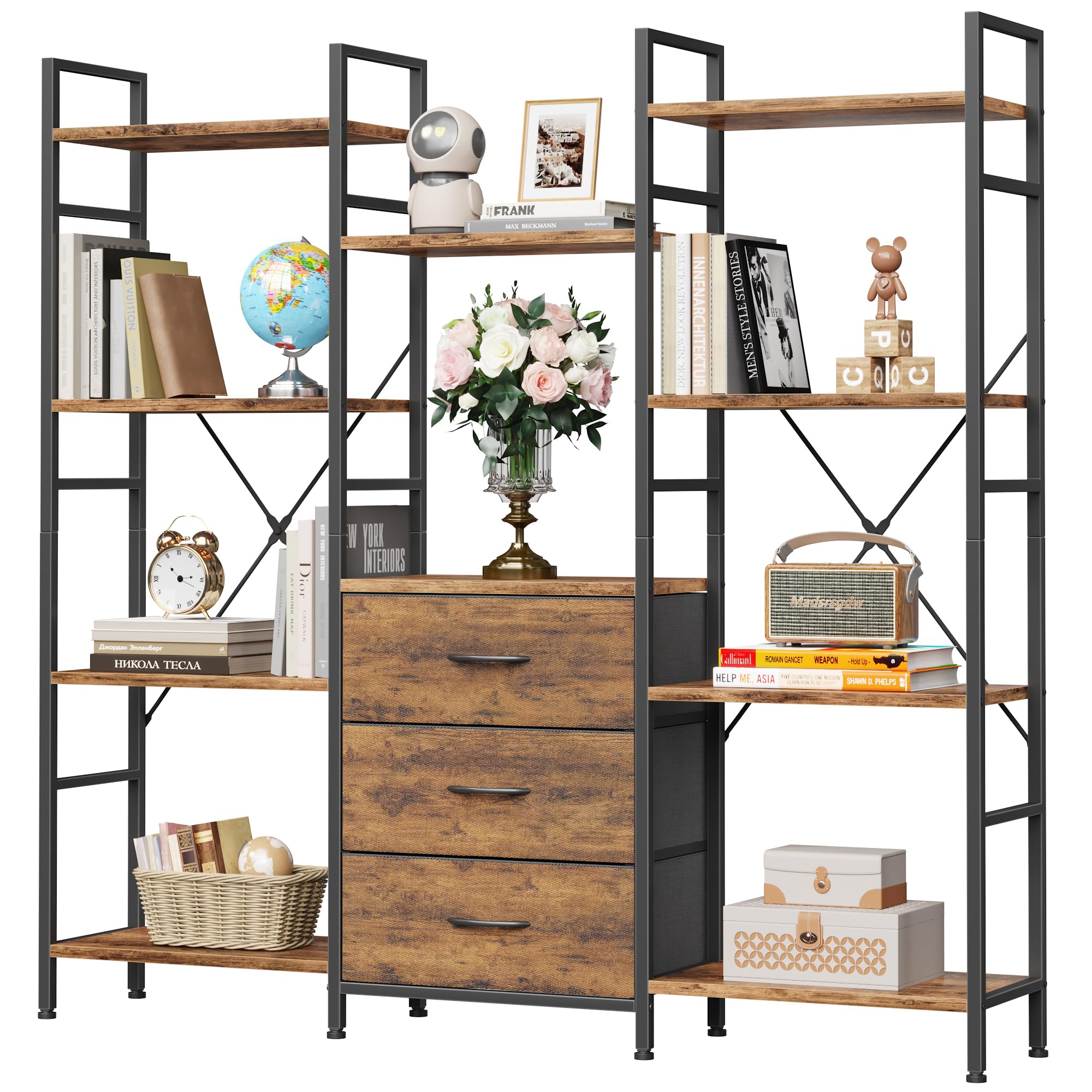 120W x142Hcm Bücherregal mit 3 Stoffschubladen, Standregal Bücher Regal Küchenregal für Wohnzimmer Büro Balkon Bookshelf Würfelregal Kitchen Storage Shelf Lagerregale Bookcase, Industrial Holz Style