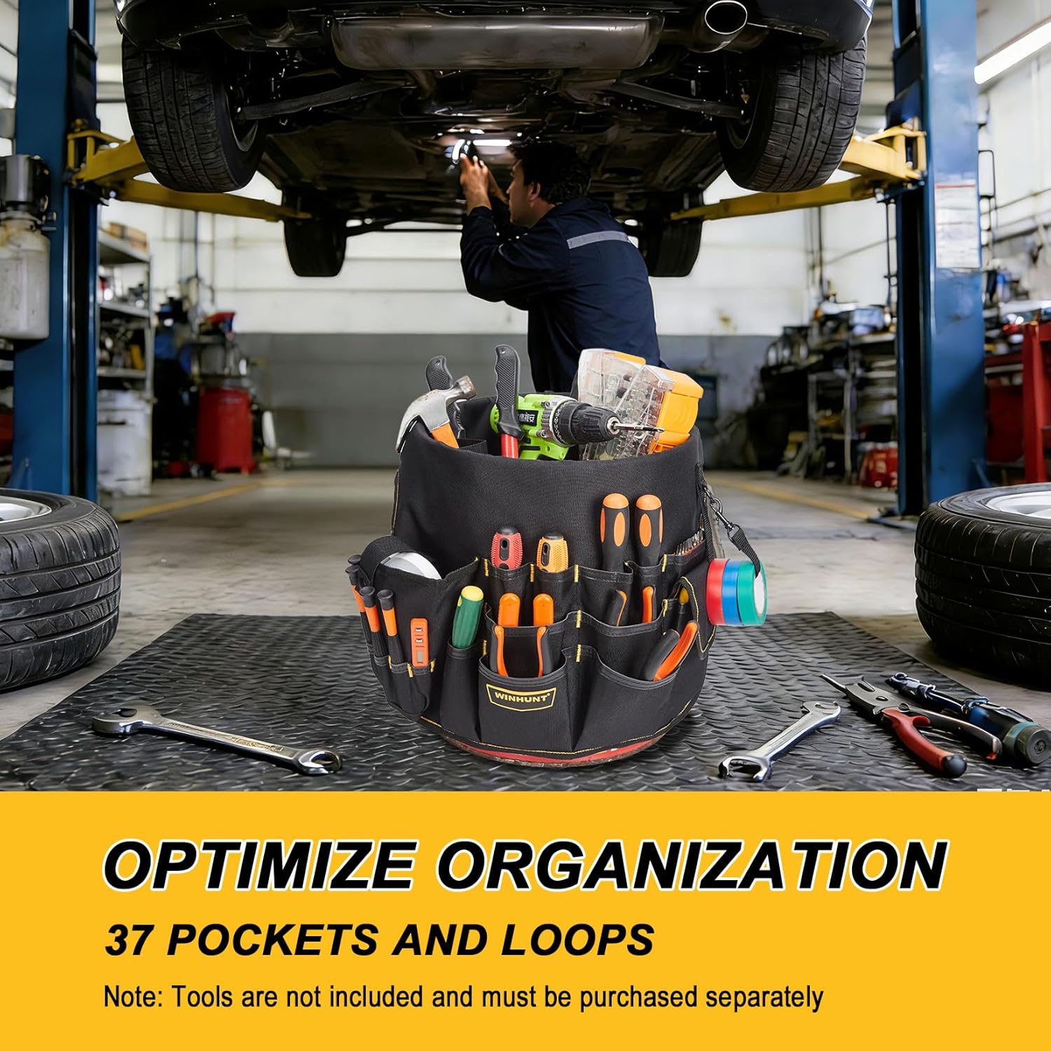 Garvee Oxford Fabric Tool Bag Fits 30cm Diameter Bucket, Heavy Duty Tool Organizer with Multiple Pockets & Loops for Storage, Black Tool Tote for Workshop Garage Construction (Bucket Not Included)