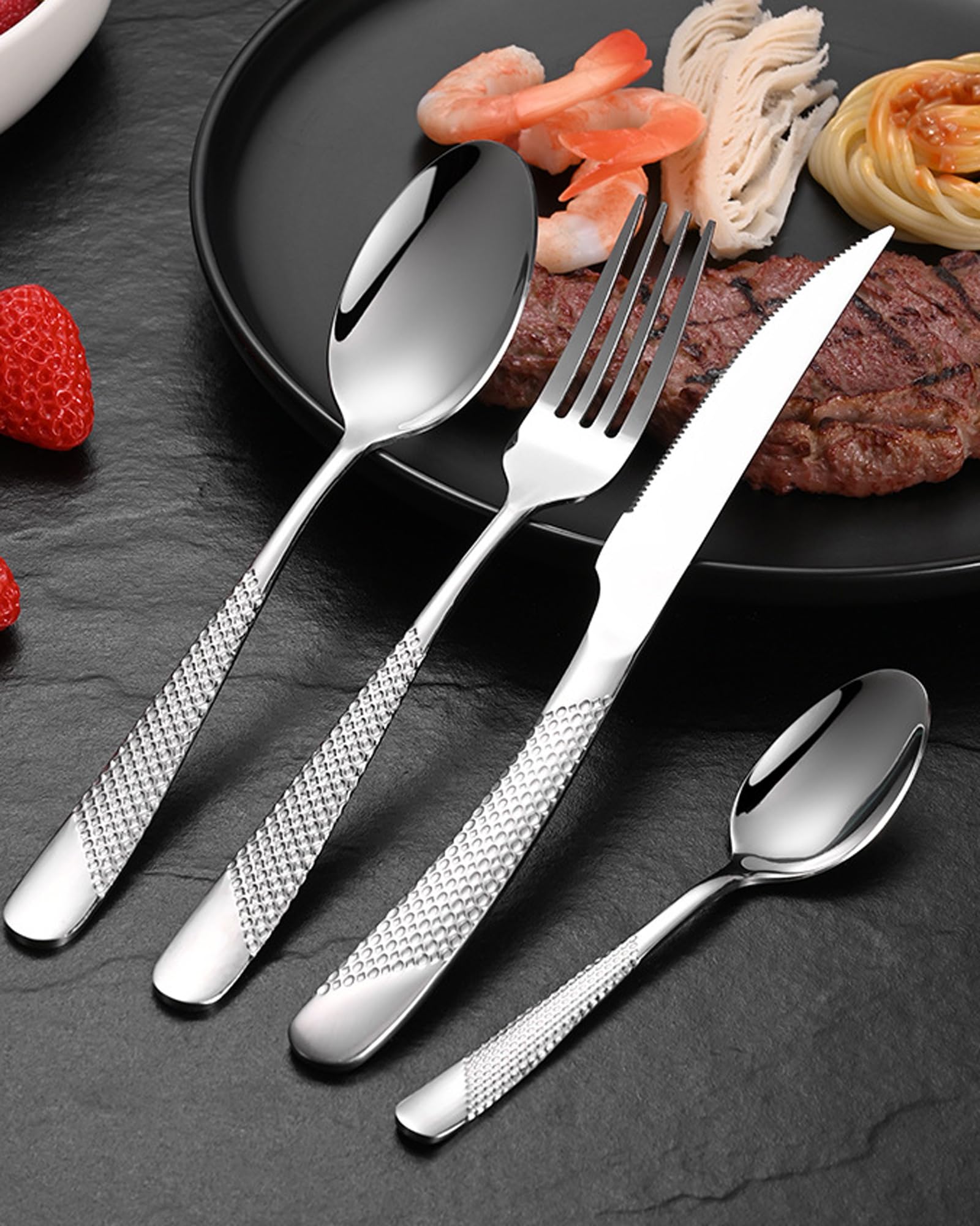 Genérico Juego De Cubiertos Martillados De 72 Piezas, Cubiertos De Acero Inoxidable 18/8, Diseño De Mango Martillado De Diamante, Juego De Cubiertos para Banquetes Familiares (48pcs)