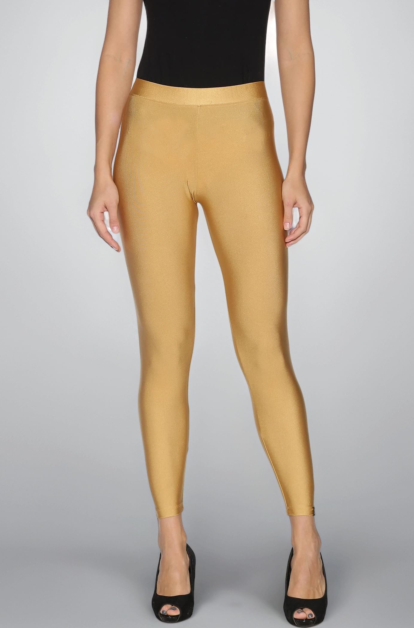TWIN BIRDS Tailored Cut & Slim Fit Stretchable Nylon Elasthane Fabric Ankle Length Shimmer Mid Rise Leggings for Women (XL, Gold Mine)