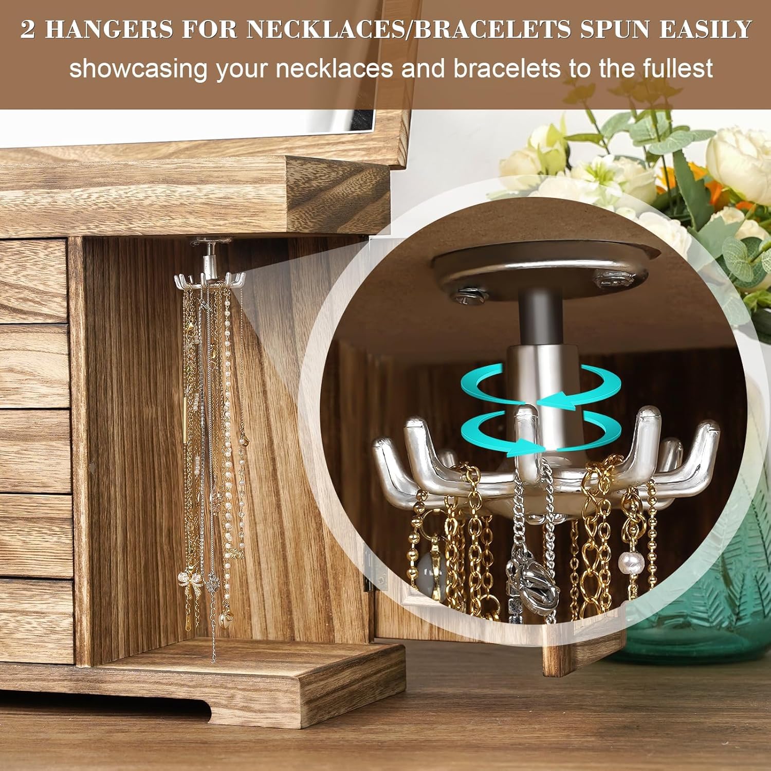 Schmuckkästchen für Damen, 6 Ebenen Rustic Aufbewahrungsbox, Groß Holz Schmuckaufbewahrung mit Spiegel, Schmuckkasten Organizers für Ringe, Ohrringe, Armbänder, Halsketten (Retro Brown)