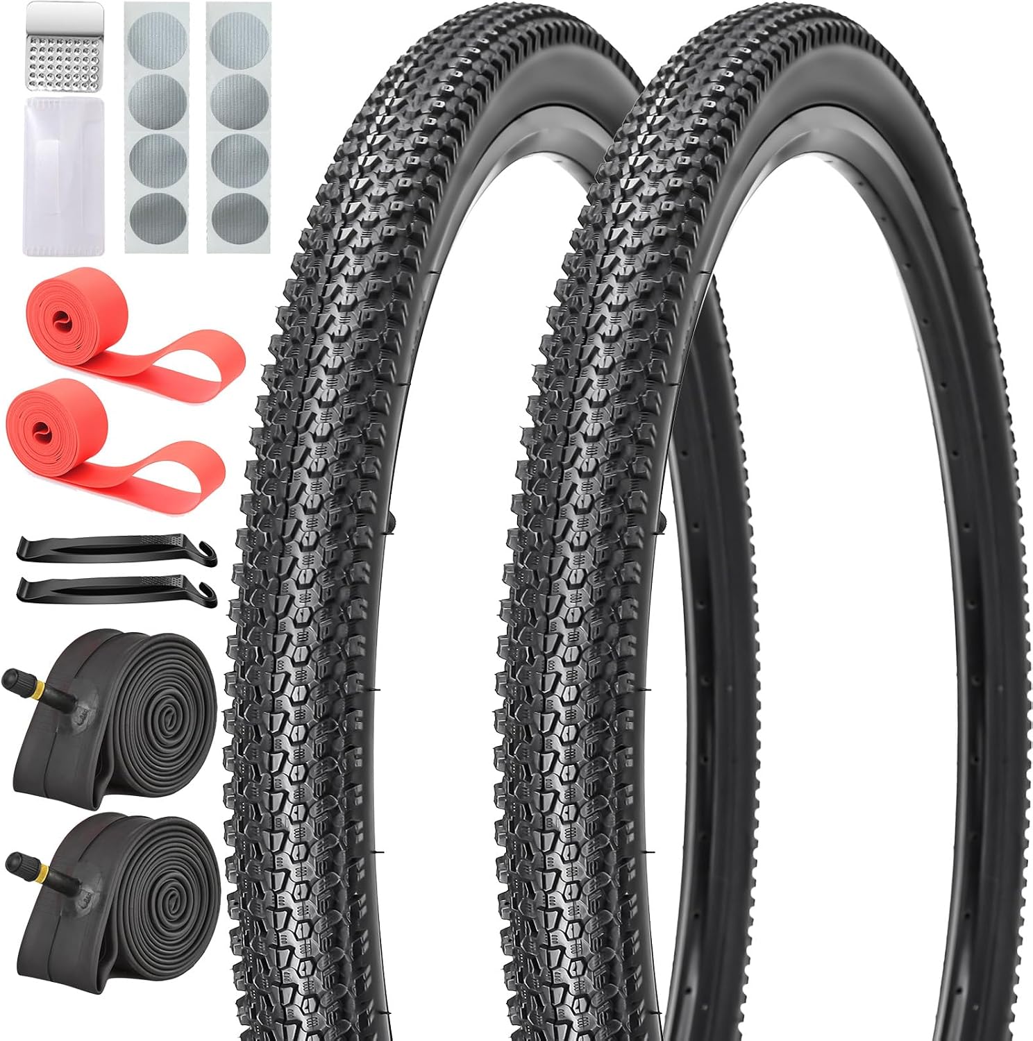 SIMEIQI 26"X2.1" / 29"X2.1" 2 Pack Bike Tires and Inner Tubes with Schrader AV 32mm Inner Tubes for 26"/ 29" x 2.0/2.10/2.125 and Rim Strips Gluless Patches Kit