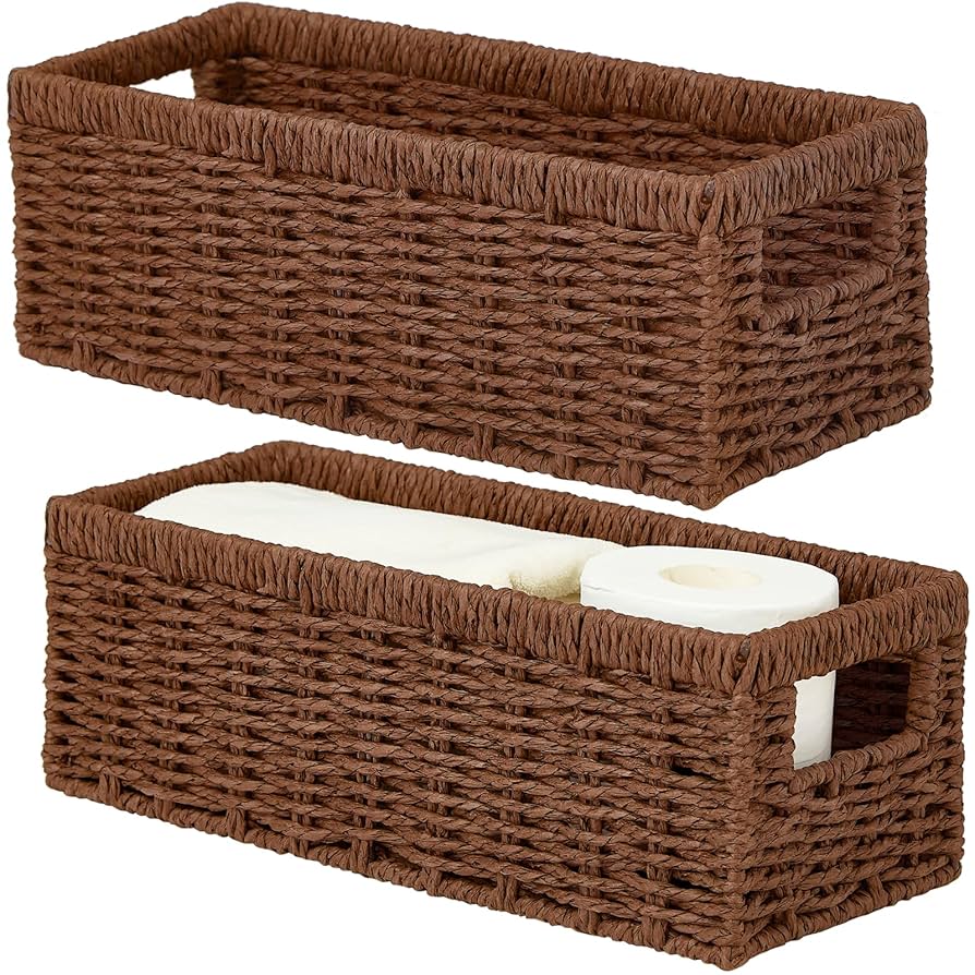 Vagusicc Wicker Storage Basket, Paper Rope Wicker Baskets with Handles, Toilet Paper Basket for Toilet Tank Top, Small Wicke Baskets for Organizing Shelves, 2-Pack, Brown