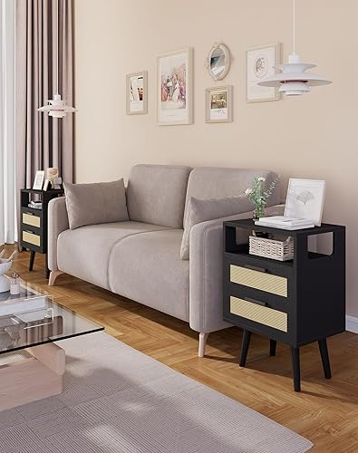 Miniatura 7 de YMYNY Mesita de noche con 2 cajones, mesa auxiliar bohemia, ratán decorado a mano, estante abierto con diseño arqueado, patas de madera maciza,