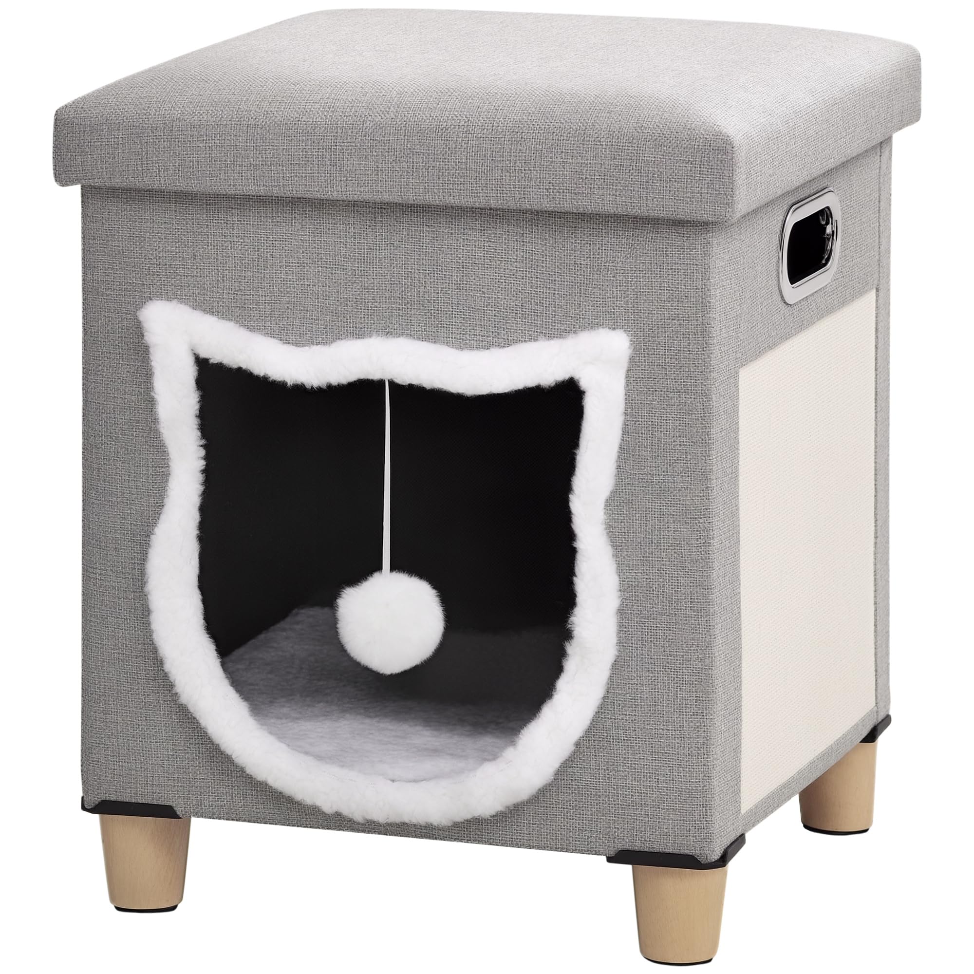 PawHut Cama Cueva de Gatos 2 en 1 Casa para Gatos Interior Tipo Reposapiés con Cojín Extraíble Bola Colgante y Almohadilla para Rascar 35,5x35,5x42,5 cm Gris