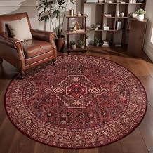 Tangsoo Red Round Area Rugs 5ft, Washable Oriental Non Slip Circle Rug