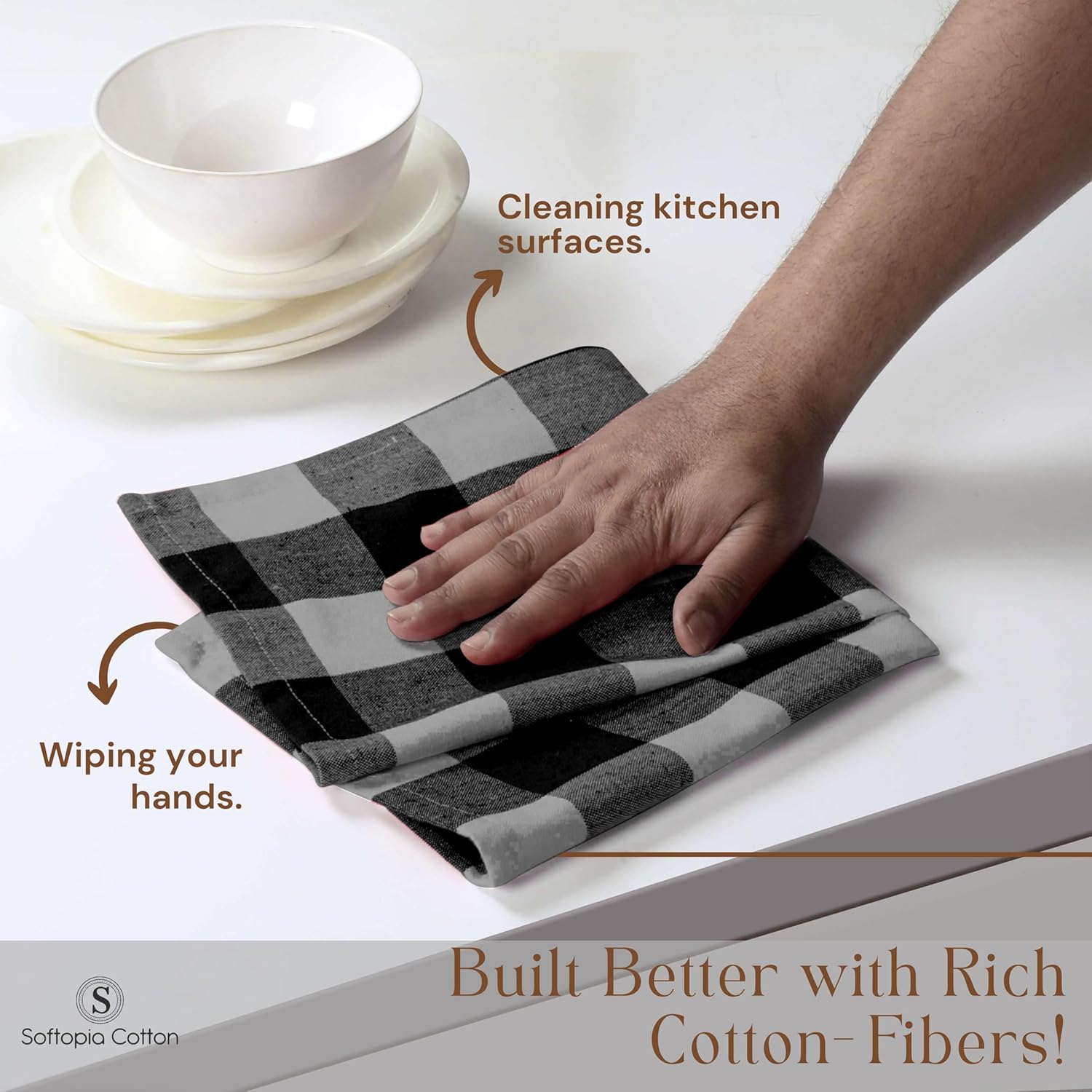 12 Pack Light Grey and Black Buffalo Check Kitchen Towels, 16"x26", Plaid Dish Towels, Absorbent Cotton Cloths for Drying Hands, Cleaning Spills, Farmhouse Kitchen Décor, Holiday