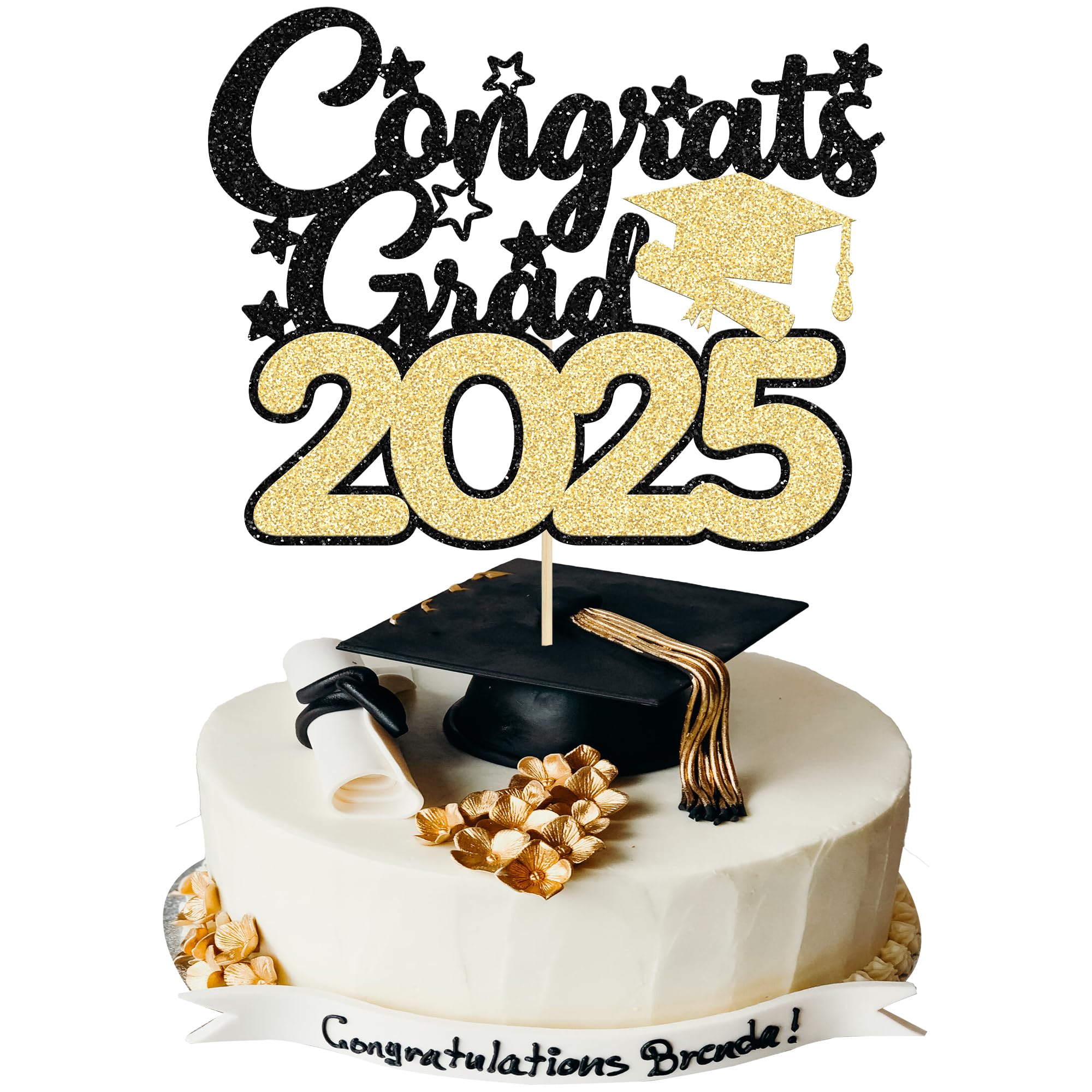 Gyufise 1 Pack Congrats Grad 2025 Cake Topper Gold 2025 Graduation Cake Decoration Glitter Grad Cap Cake Topper for Senior High School University College Graduation Party Supplies