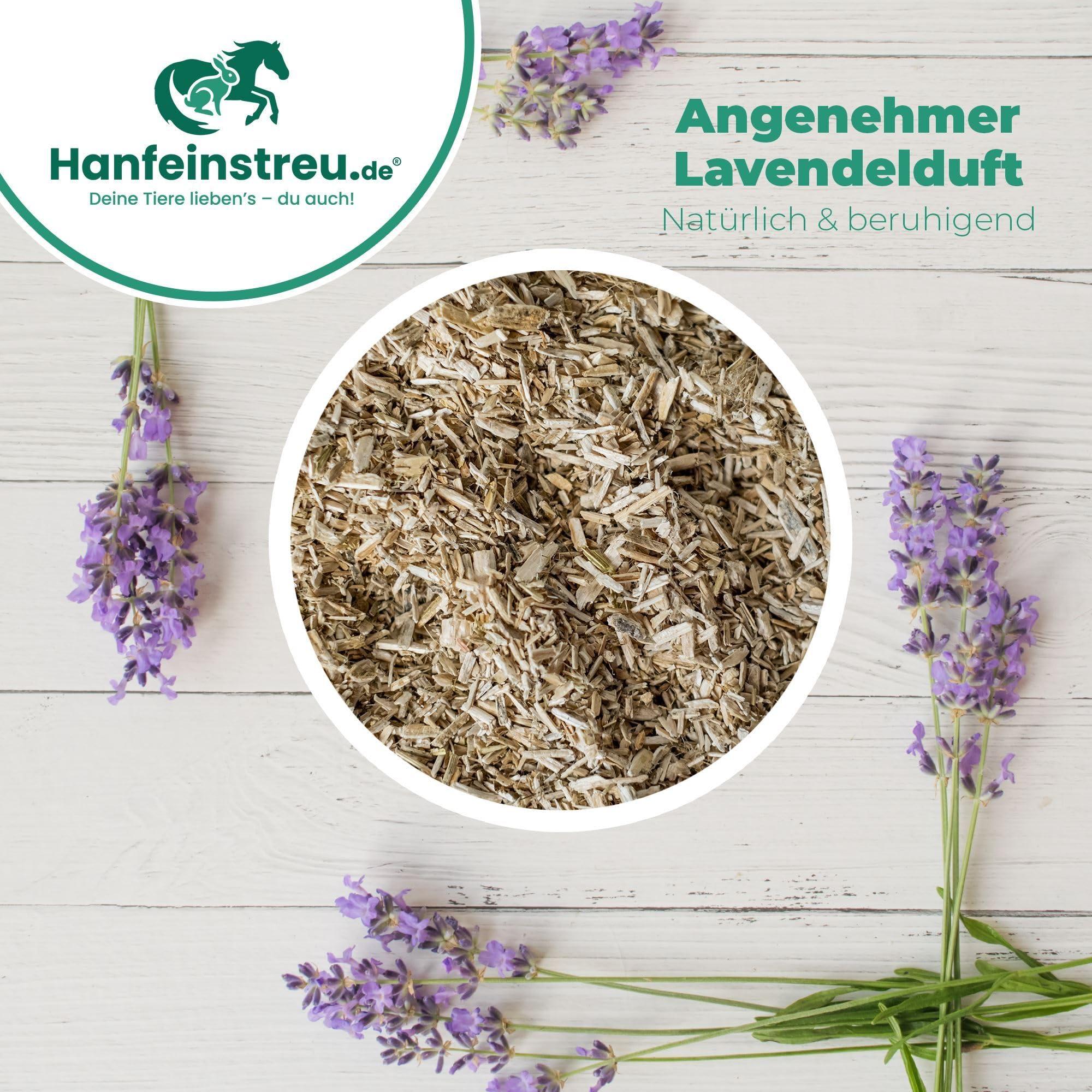 Hanfeinstreu mit Lavendel für Kleintiere, Hühner und Pferde, 100 Liter, 100% Naturprodukt, Extrem Saugfähig, Staubarm, Geruchsbindend, Nachhaltig und Langlebig