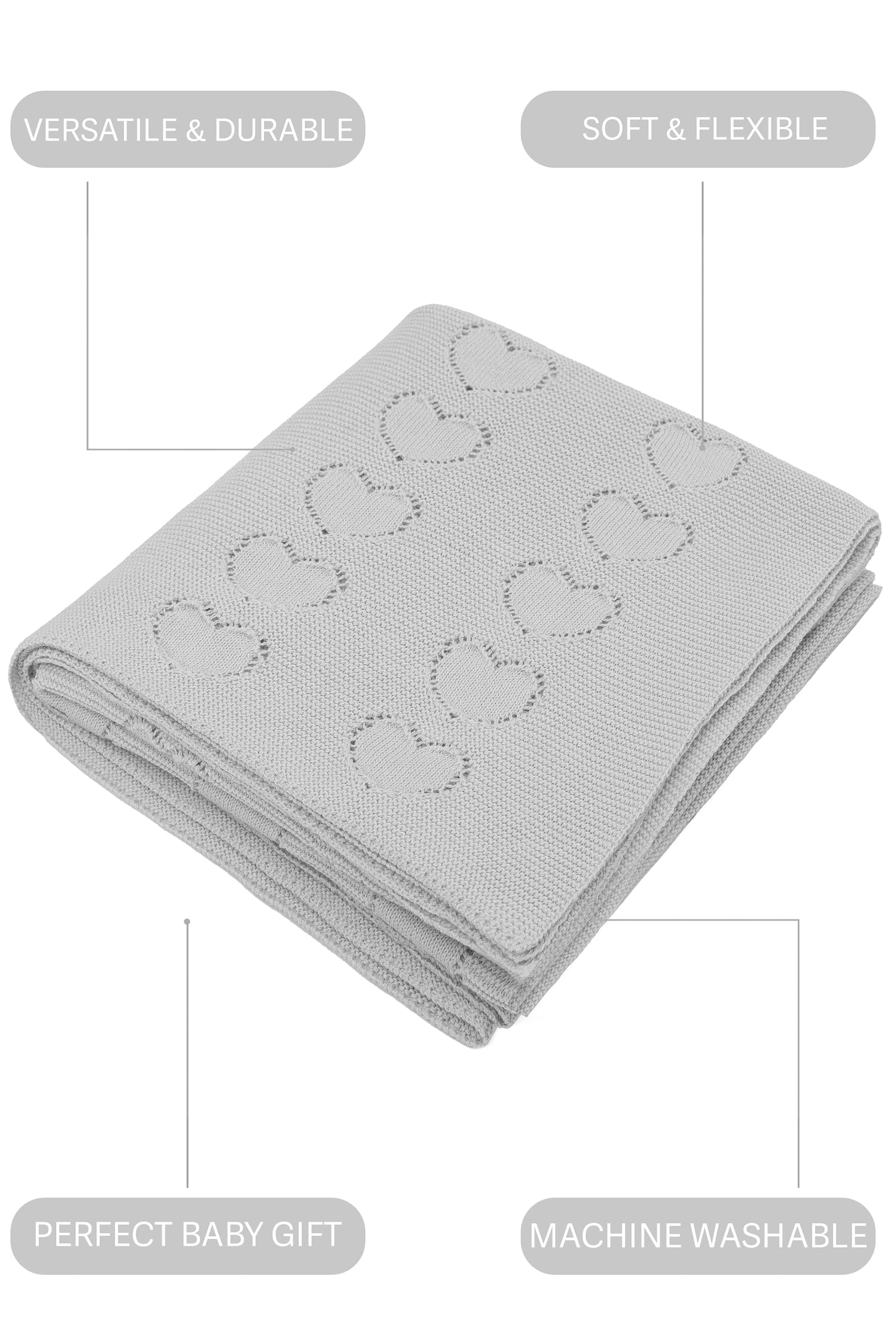 Lilax Swaddling Blanket for Baby Girl, 100% Luxury Cotton Knit Heart Baby Girl Blanket, Receiving Blanket for Newborns Infants & Toddlers 33.5''x31.5'', Grey - Image 2