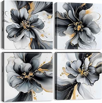 Abstract Wall Art Black and White Gold Flower Wall Decor Marble Texture Picture Canvas Prints Watercolor Minimalist Foil Fluid Framed Poster Modern Artwork for Bedroom Office Home Decoration 12x12 4P