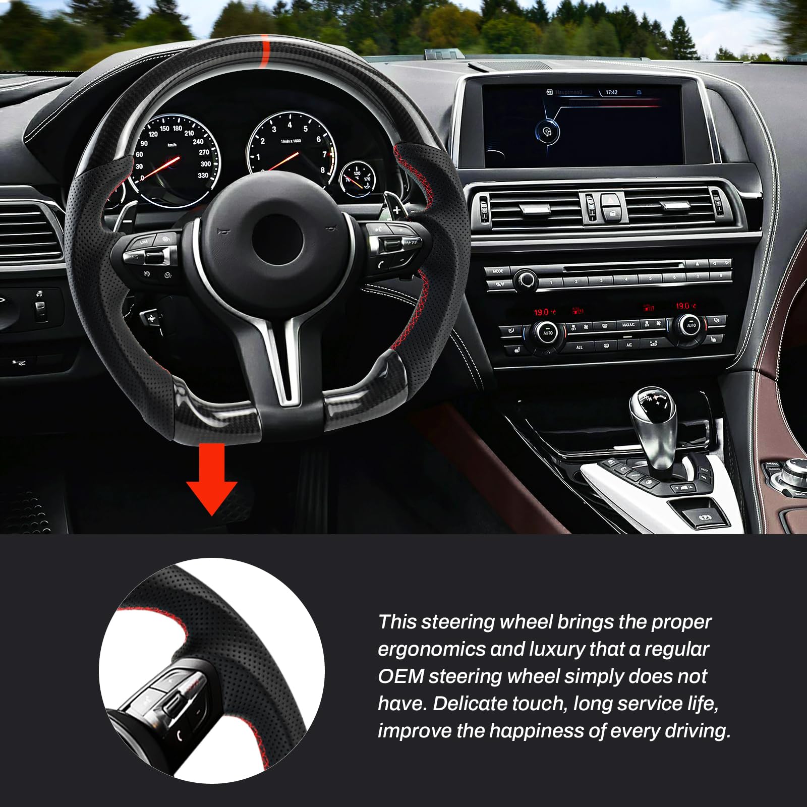Handgefertigte echte Carbonfaser-Lenkrad, Die rote Mittellinie, Perforierte Ledergriff für BMW M Sport Serie/für M Performance Serie M5 F10 F11 F06 F12 F13 F01 F02 F90 M6 M8 F91