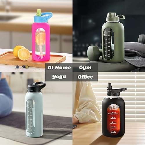 Miniatura 6 de CIVAGO - Botella de agua de vidrio de 40 onzas, pajilla y asa, botella deportiva motivacional grande, marcadores de tiempo y dos tapas, a prueba de