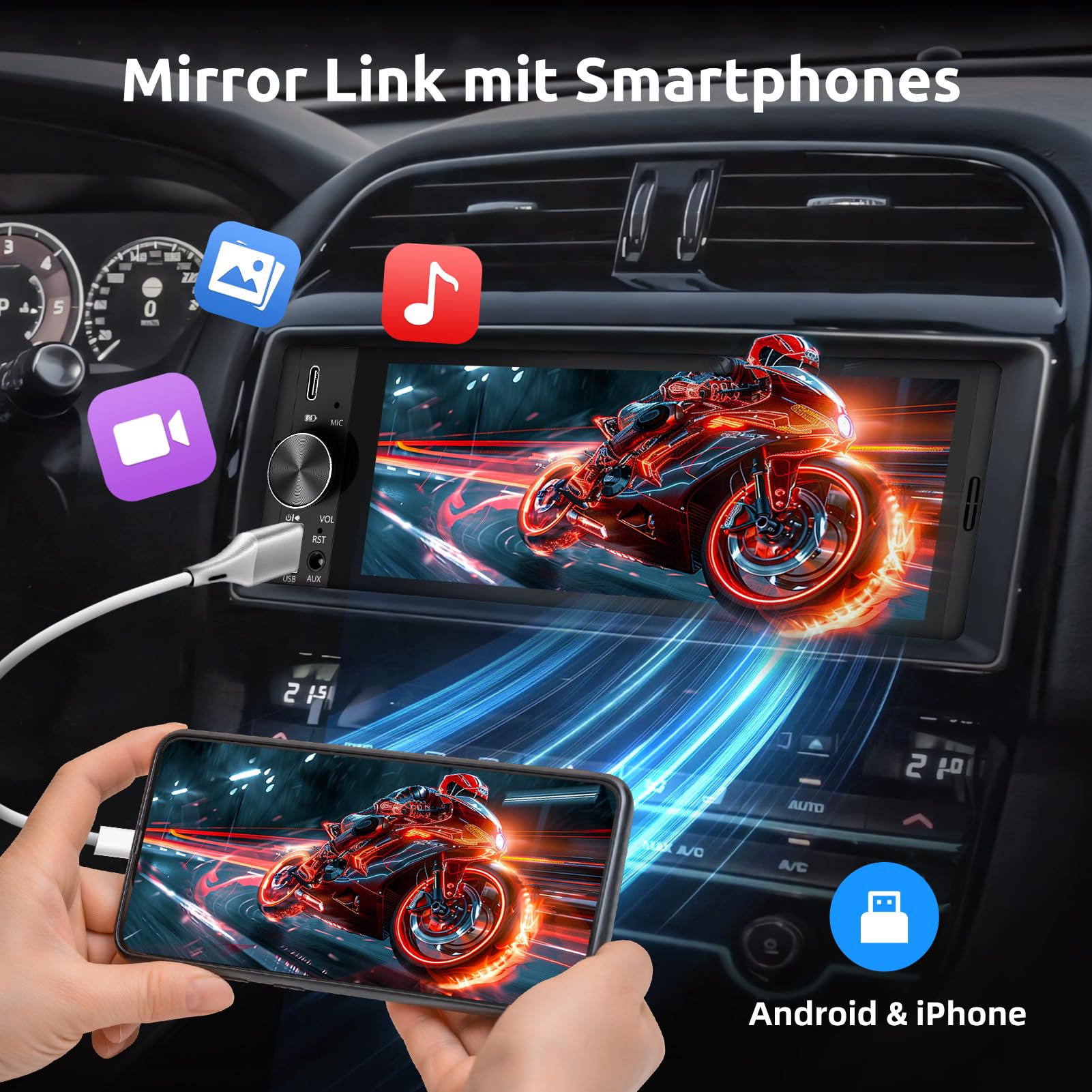 ESSGOO 6.36 Zoll 1 DIN Autoradio mit Wireless Carplay und Android Auto, HD IPS Bildschirm Auto Display Bluetooth Radio mit Rückfahrkamera Mirror Voice Control Mirror Link FM