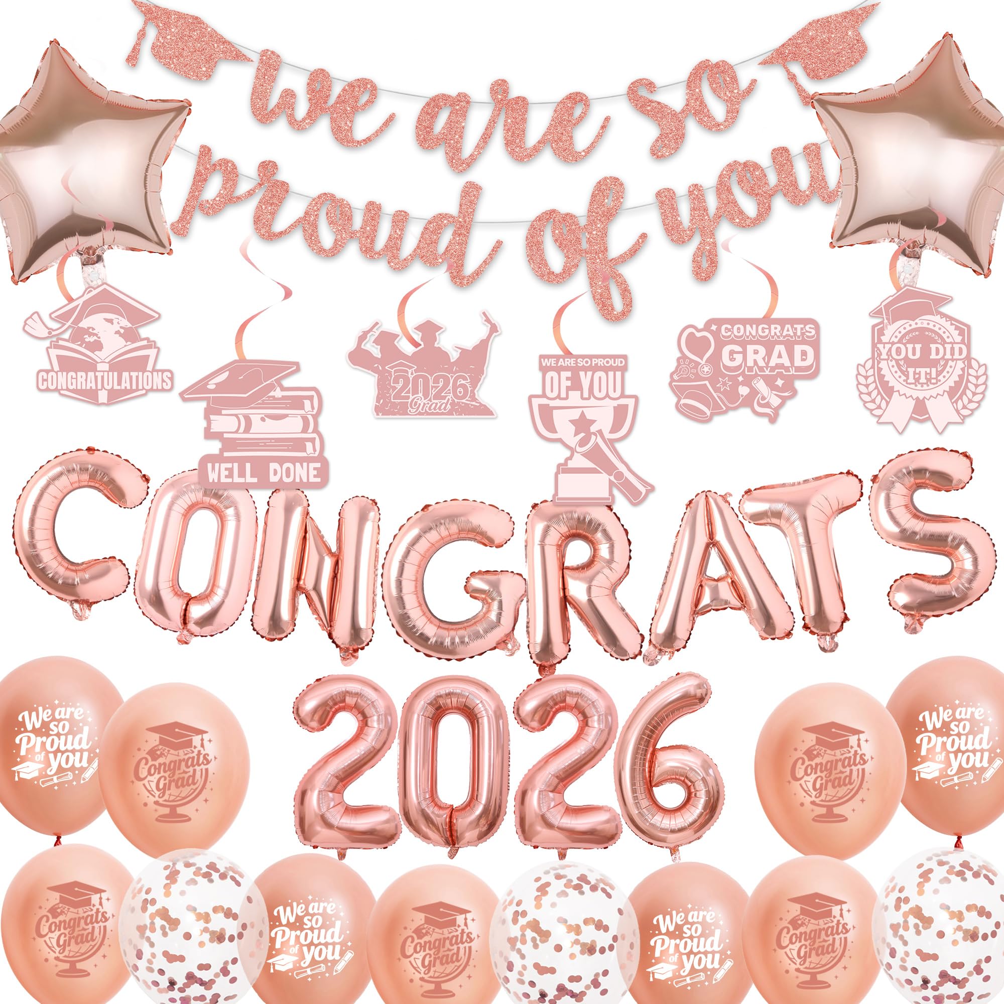Graduation Decorations Congratulations Party Supplies - Rose Gold We Are So Proud of You Banner, Congrats 2026 Balloons and Hanging Swirls for Class of 2026 Graduation Party Decor โ image 1