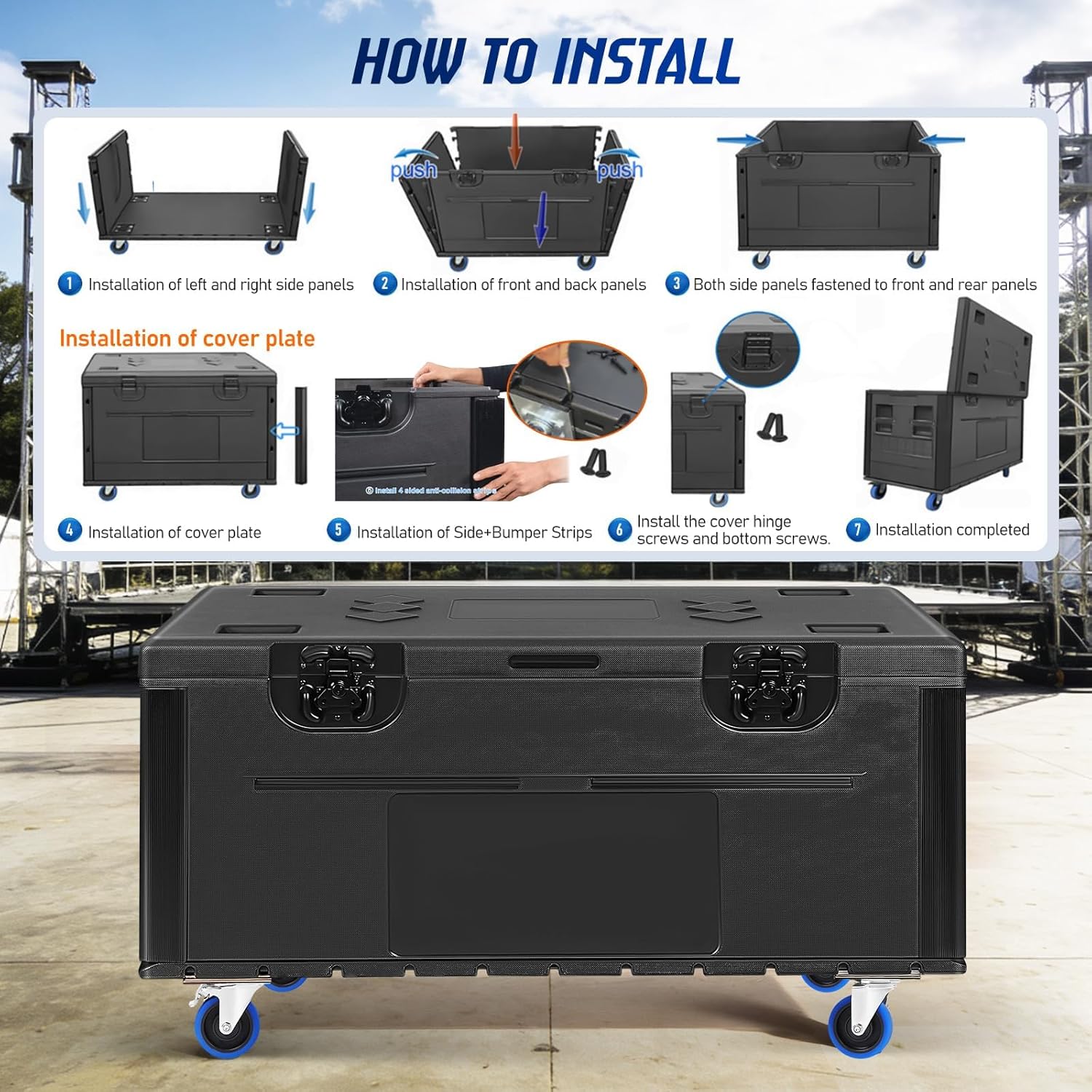 Cable Trunk Road Case Professional Stackable ATA Rolling Storage Road Cases with Wheels Lockable Casters Waterproof Touring Utility Tours for Pro Audio & DJ Equipment (44 x 22 x 24 Inches)
