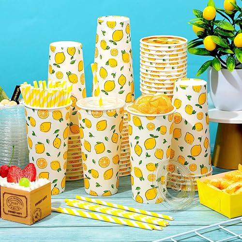 Miniatura 4 de Tessco 150 piezas50 juegos de vasos de limonada con tapas y pajitas de papel, taza de papel desechable de 12 onzas para café helado, tazas de papel