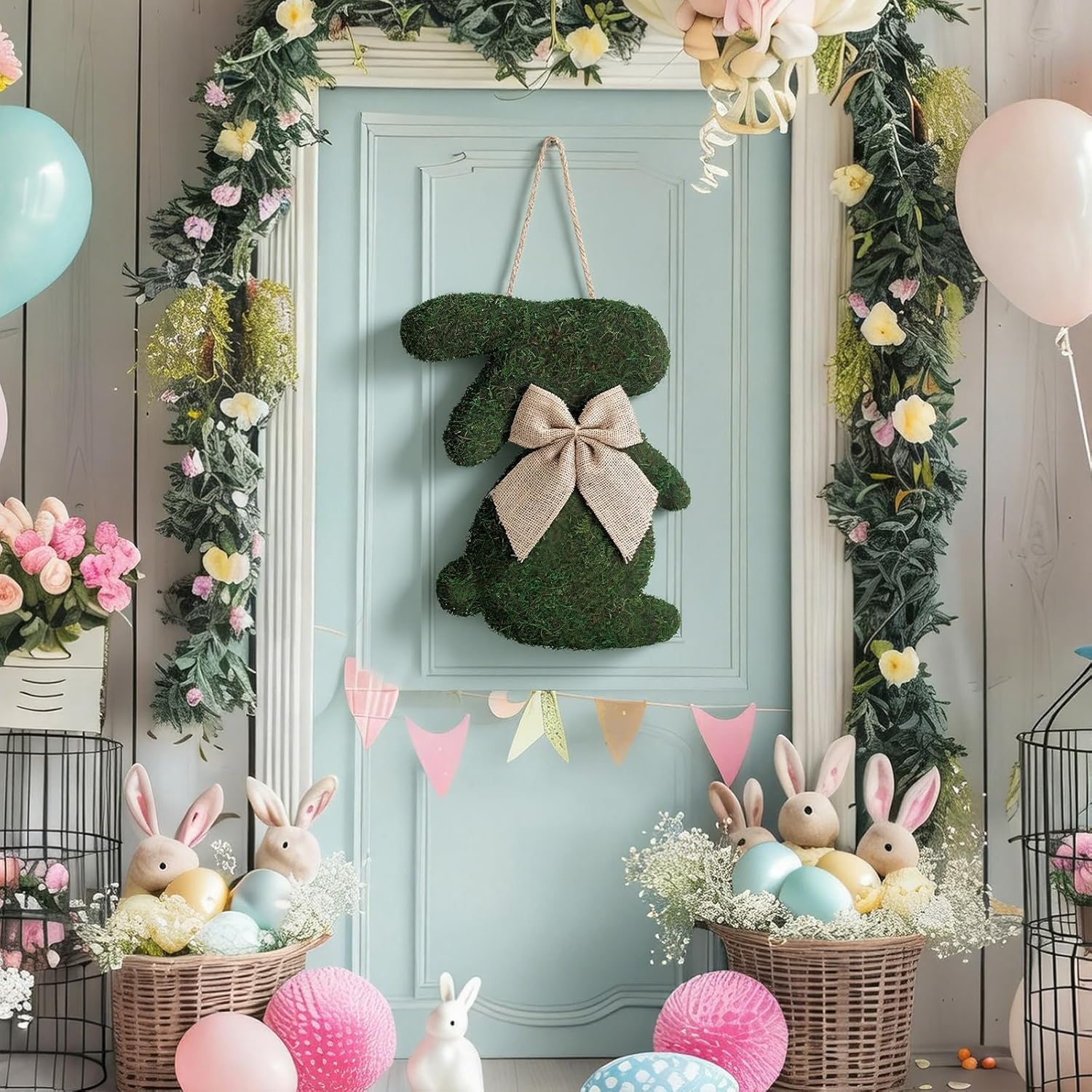 Amyhill Easter Moss Bunny Wreath for Front Door Fake Moss Bunny Sign Hanging Wooden Wreath with Burlap Bow for Spring Porch Wall Home Farmhouse Indoor Outdoor Decor