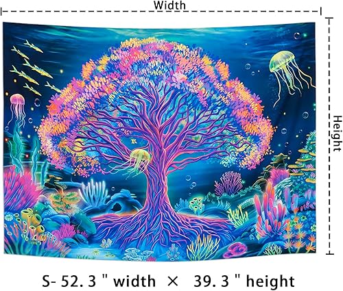 Miniatura 8 de Amhokhui Tapiz de árbol de luz negra reactivo a los rayos UV, tapiz de medusas trippy colorido, tapiz de arrecife de coral neón, tapiz de vida