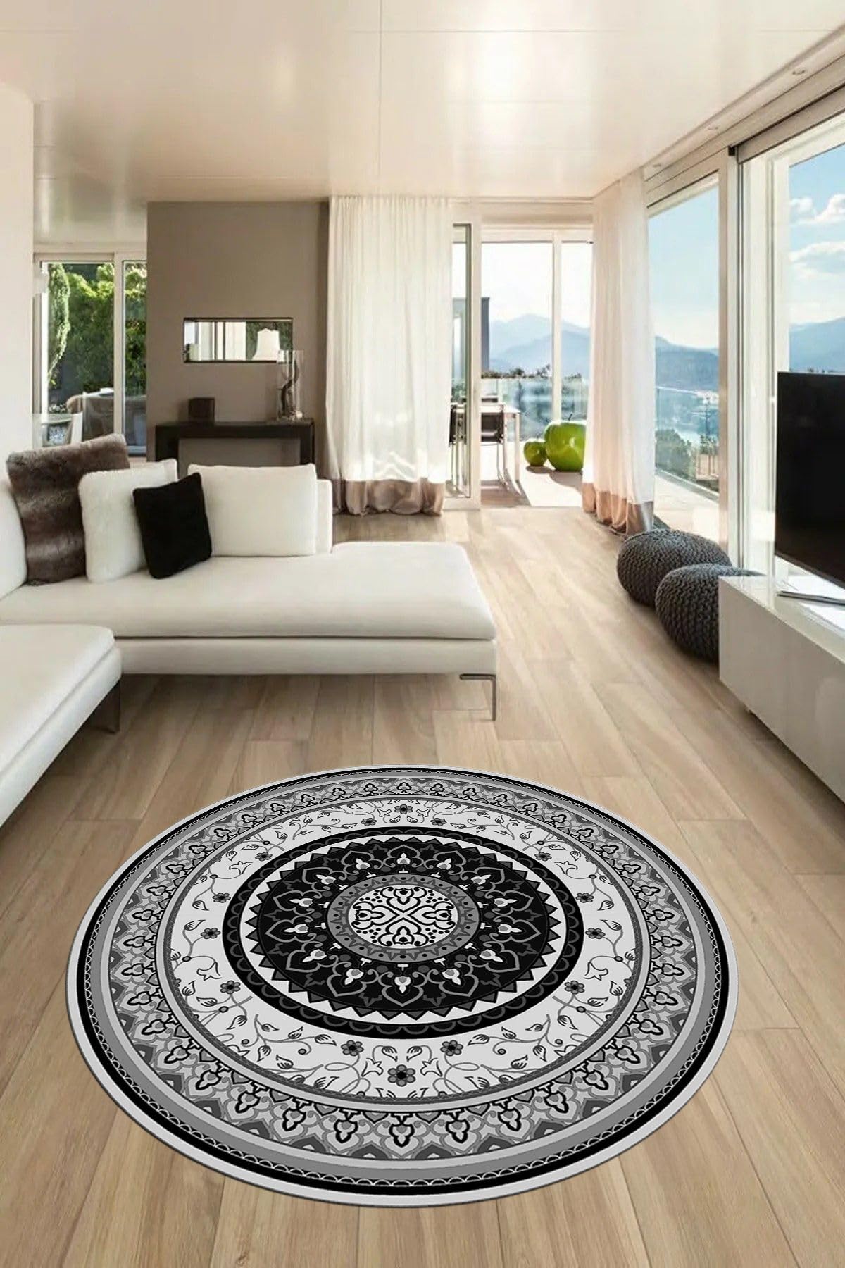 Evdeya Göbekli Klasik Dijital Kaymaz Taban Yıkanabilir Yuvarlak Mutfak Salon Halısı Y-KLASİK-18, Gri, 60 x 60