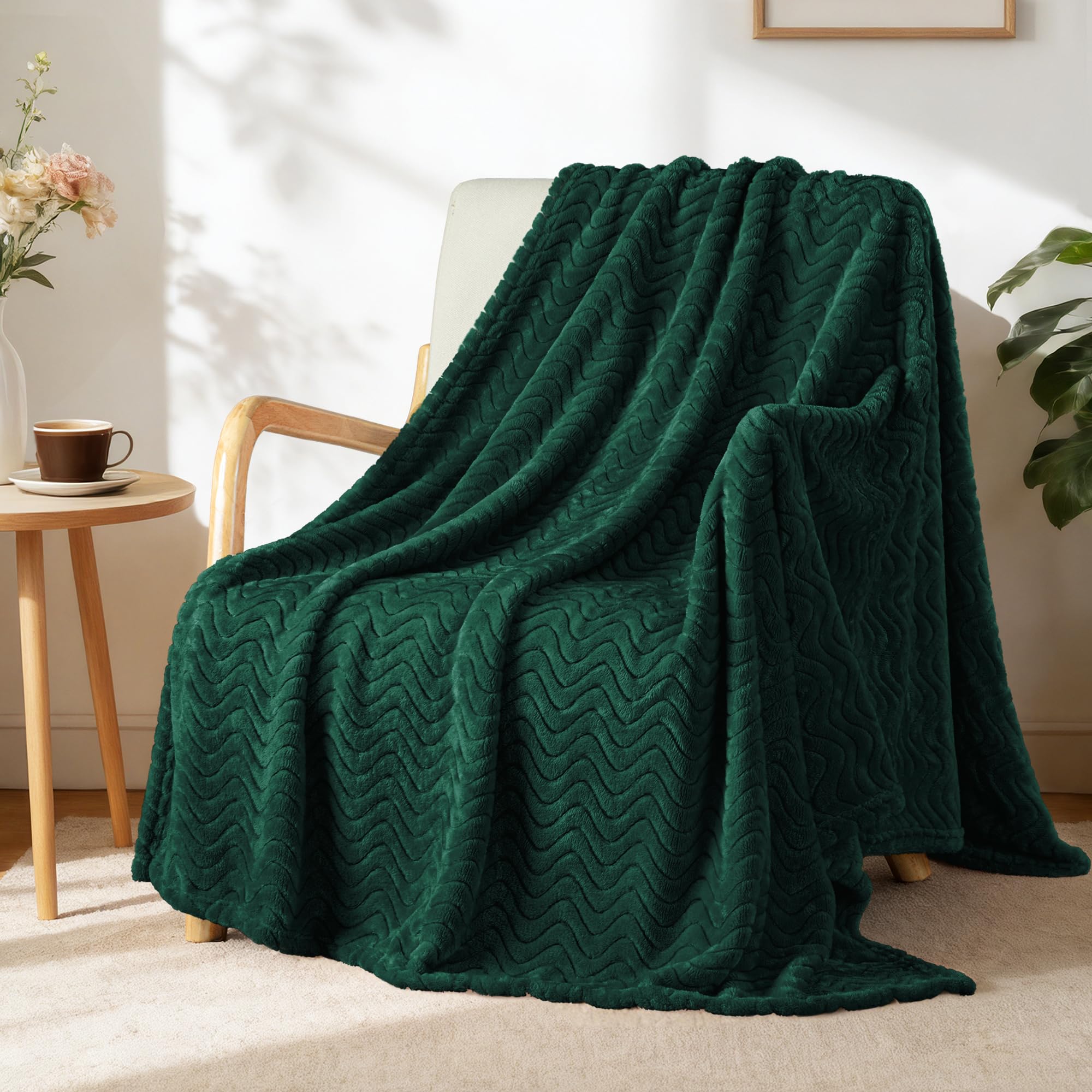 Fleece Throw Blanket for Couch, Cozy Lightweight Blankets for All Season, Decorative and Giftable Fuzzy Plush Wave Textured Throw for Women, Men, Forest Green, 50x70 Inches