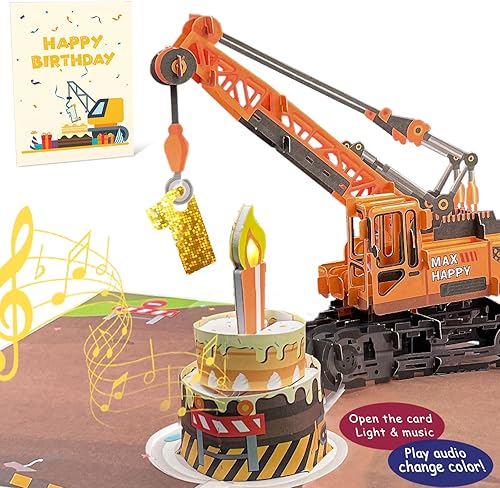Miniatura 6 de DTESL Tarjeta de felicitación 3D de cumpleaños desplegable con luz y música, tarjeta de camión grúa para niño, sobrino, nieto, hijo, niño pequeño,