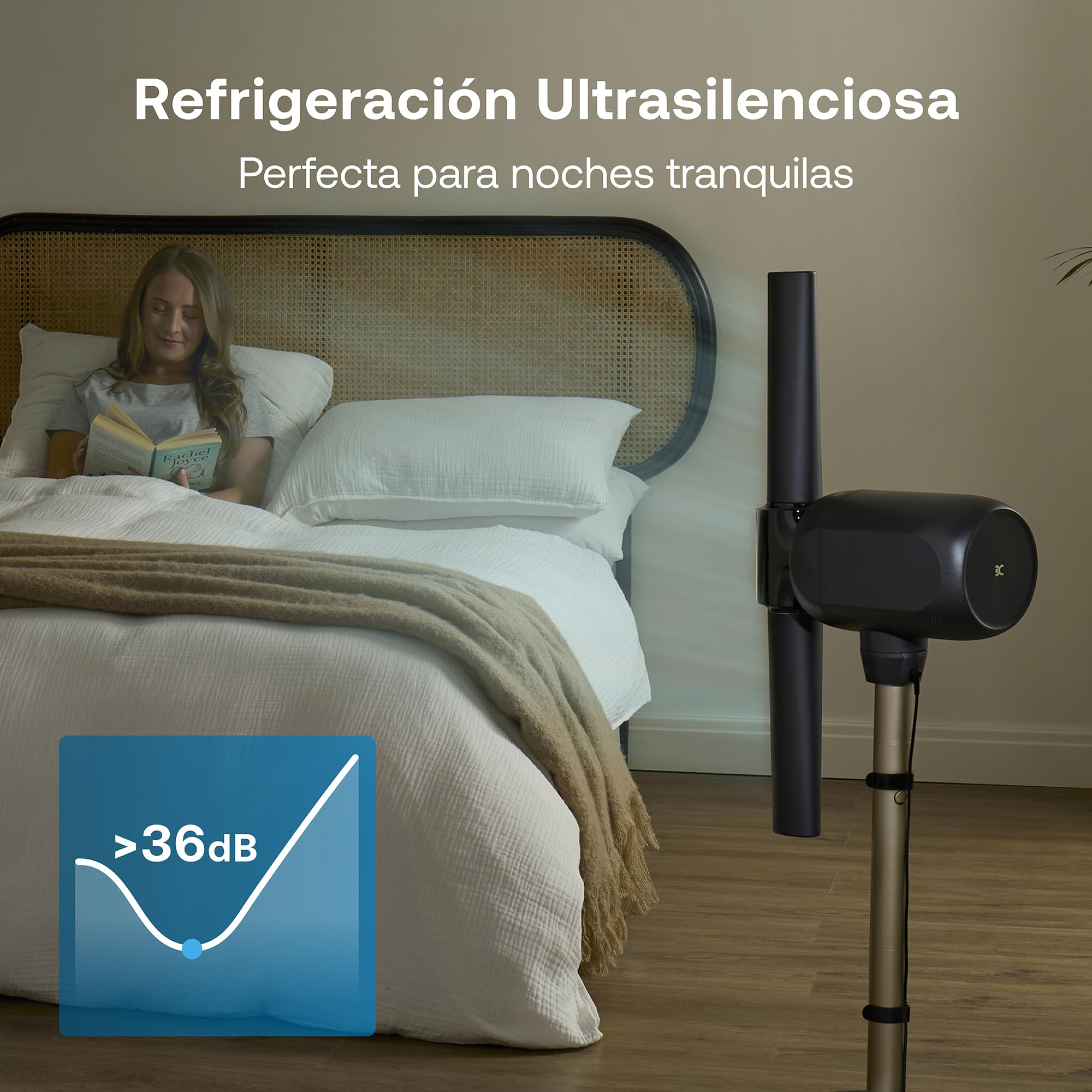 Dimplex FlexBlade ventilador de pie sin aspas, doble dirección 2×180°, oscilación 90°, alcance 20m, silencioso 36dB, mando magnético, 5 velocidades, temporizador