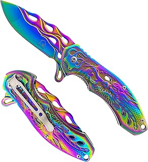 Falcon KS3603 7.75" Folding Pocket Knife 440 Stainless Coated Steel with 3D Dragon Designed Handle and Pocket Clip.