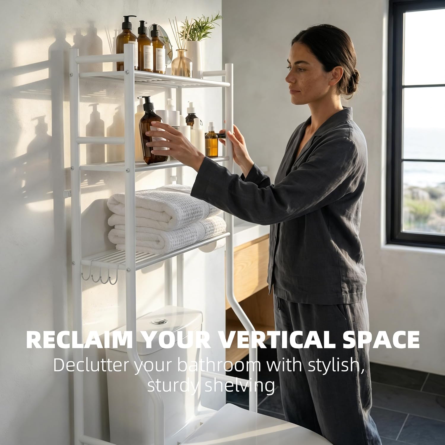 GloTika 3-Tier Over Toilet Storage with Anti-Tilt Safety System - 150lb Total Capacity Metal Bathroom Shelves Including Paper Holder & 4 Hooks, Space Saving Above Commode Organizer (64" H, White)