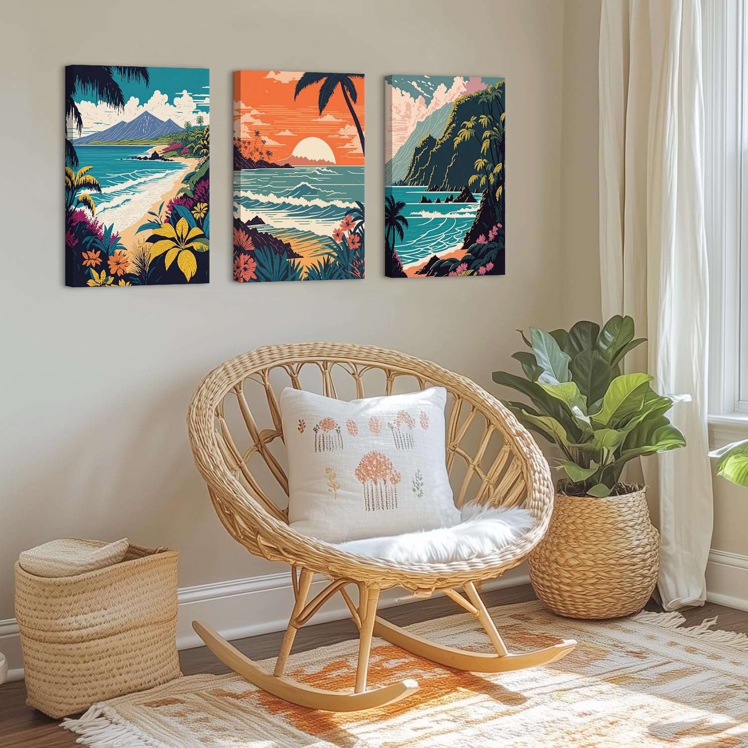 YUFEIART 3 Piece Hawaii Travel Wall Art Retro Exotic Tropical Canvas Art Tropical Beach Landscape Pictures Wall Decor Ocean Sunset Art Prints for Living Room Bedroom 12"x16"