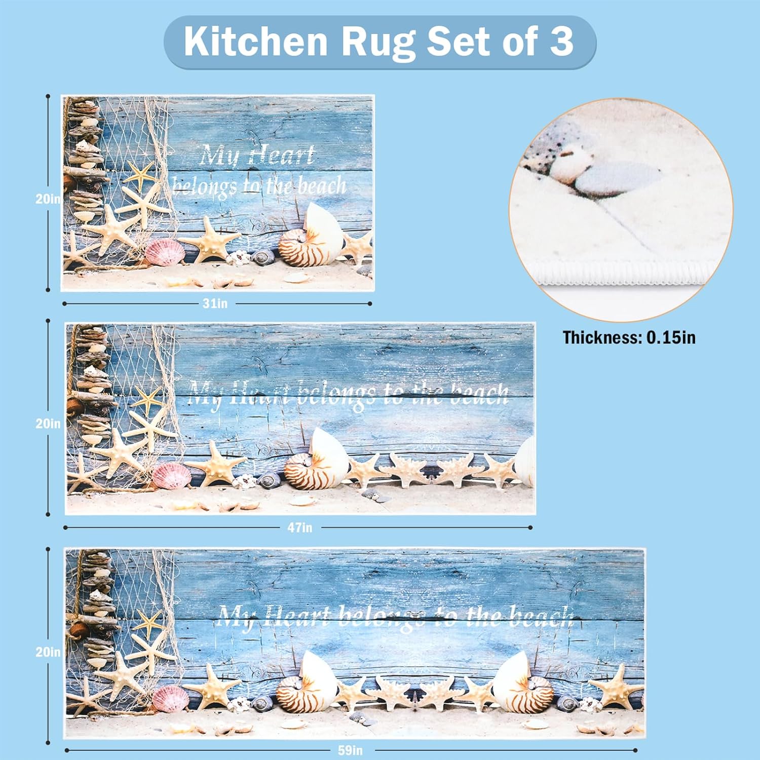 Beach Kitchen Rug Sets 3 Piece,Nautical Washable Kitchen Mats for Floor Non Slip Durable Kitchen Floor Mat Carpet Runner Rugs for Hallway Laundry Room