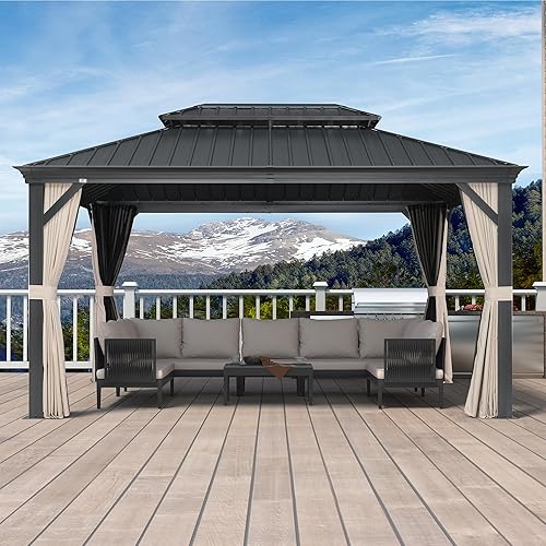 PURPLE LEAF 10' X 14' Aluminum Gazebo with Galvanized Steel Double Roof Permanent Hardtop Gazebo for Patio Lawn and Garden Included Netting and Beige Curtains