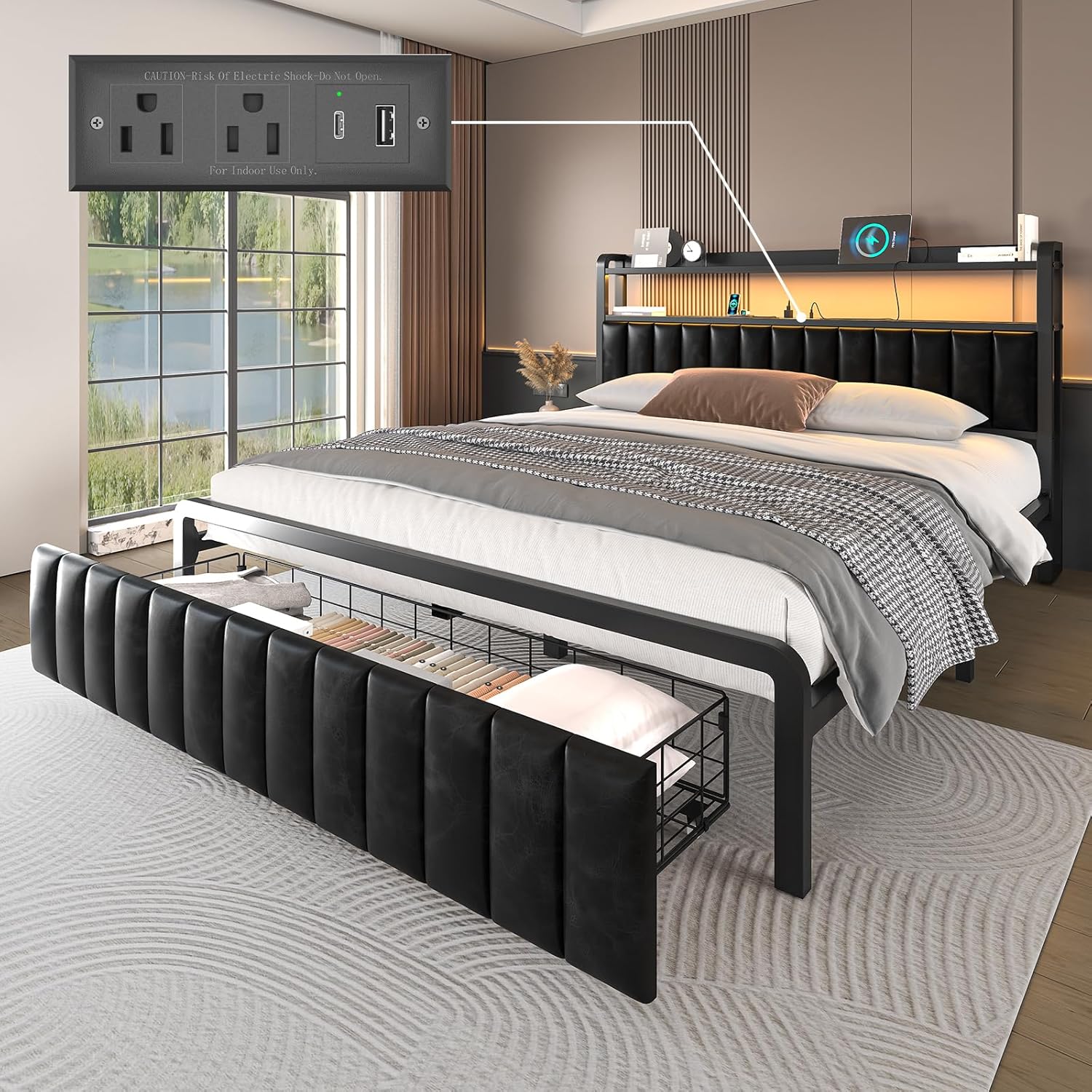 Queen Bed Frame with 2-Tier Storage Headboard, Metal Platform Bed Frame with Leather Storage Drawers, Built in Charging Station & LED Light, PU Leather, Non-Slip, Easy to Assemble, Black