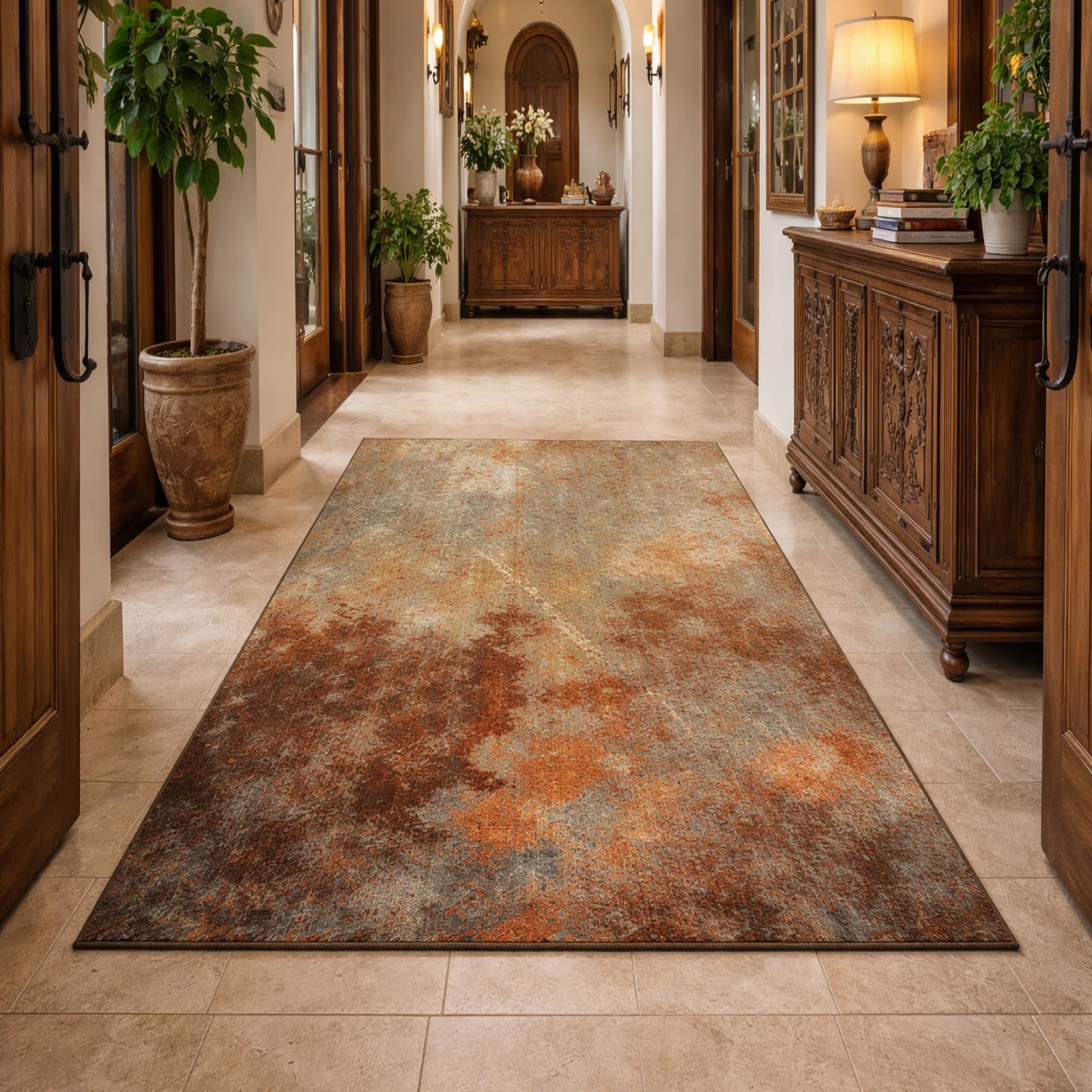 Tapis de salle à manger lavable et tapis déco abstrait marron gris pour sol intérieur