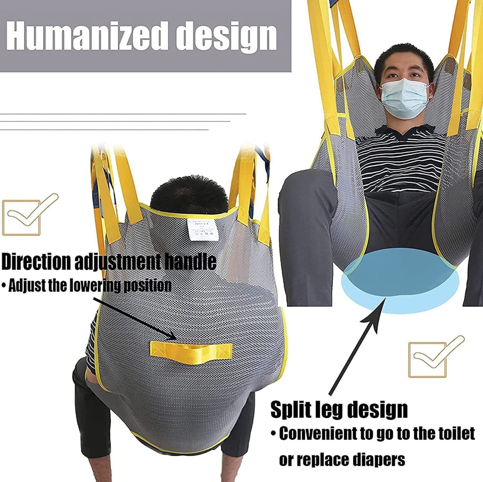 Eslinga de elevación para pacientes con soporte para la cabeza, diseño de pierna dividida, material de malla, para posicionamiento de cama y transferencia de discapacitados