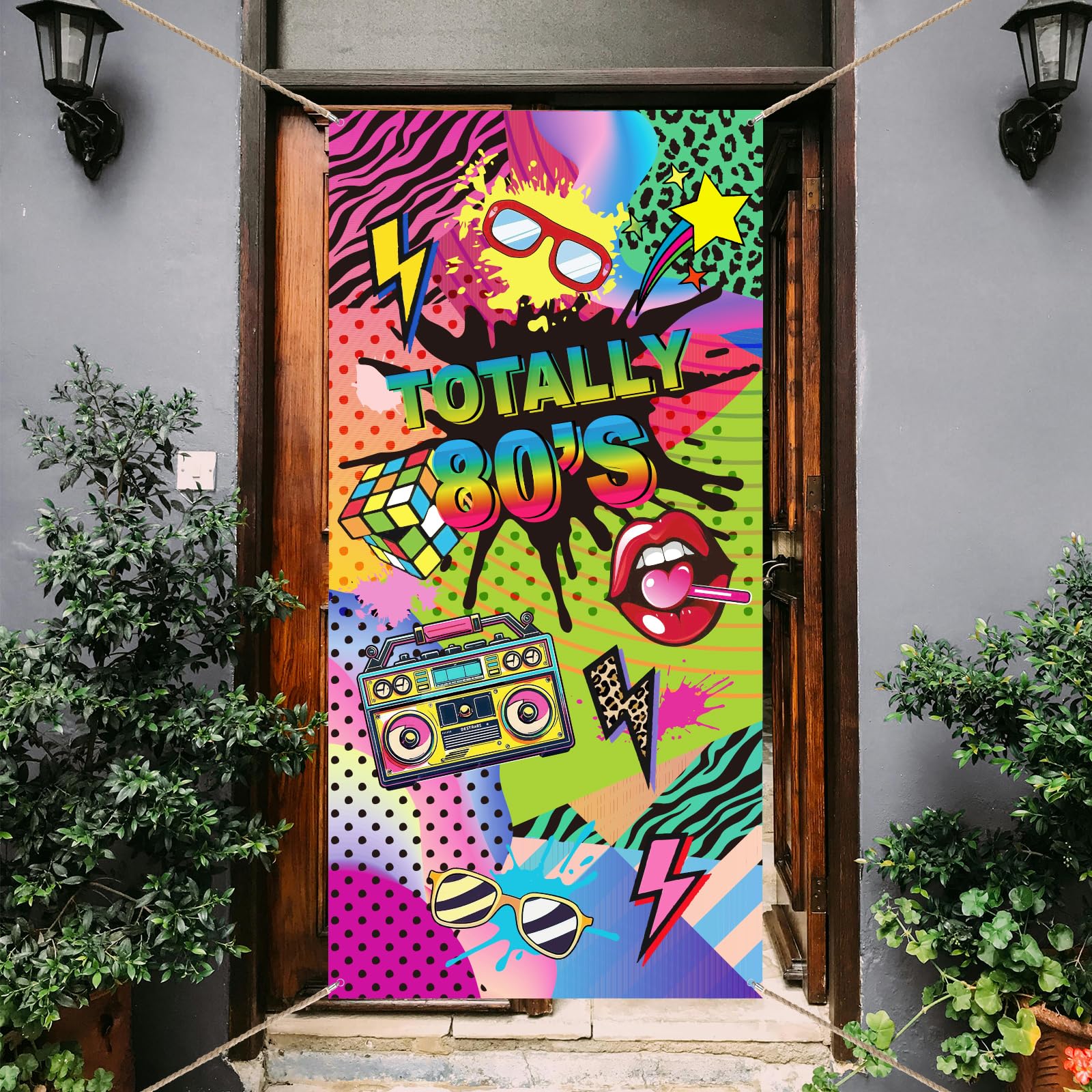 arricraft 1 Pc Totally 80's Door Cover, Colorful 80's Hip Hop Sign Graffiti Banner Backdrop Polyester Door Banner Retro Decoration Banner for Party Supplies 90x185cm