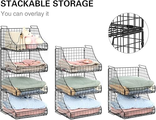 Miniatura 2 de Paquete de 4 cestas apilables de alambre para organizadores y almacenamiento de armario, contenedores de almacenamiento abiertos para ropa, juguetes