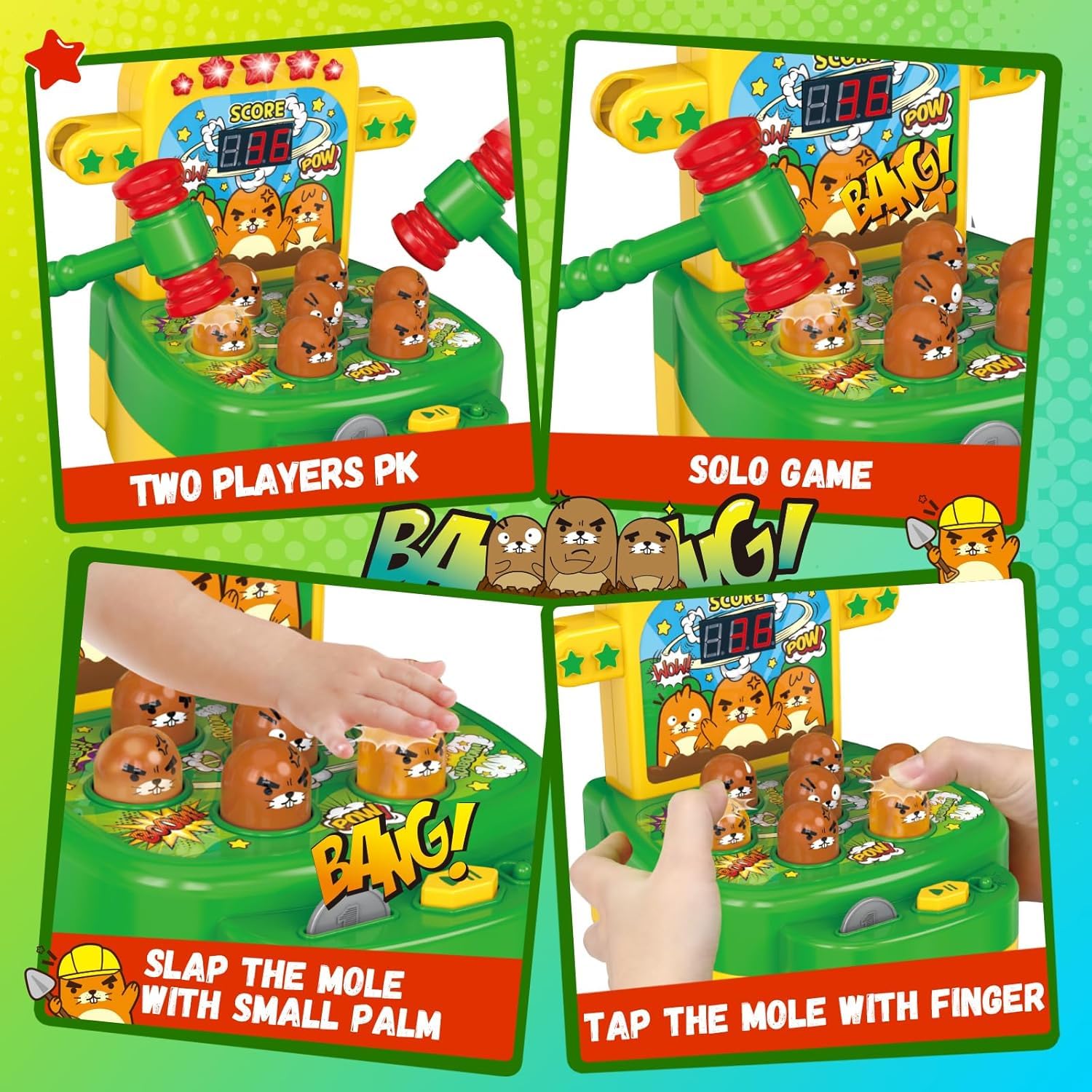 Mole Whack Spiel für Kinder ab 3 Jahre, Whack Spiel mit 2 Hämmern, Hau-den-Maulwurf-Spiel Interaktives Musik Spielzeug Elektronische Spiele zur Förderung der Motorik, Entwicklungsspielzeug
